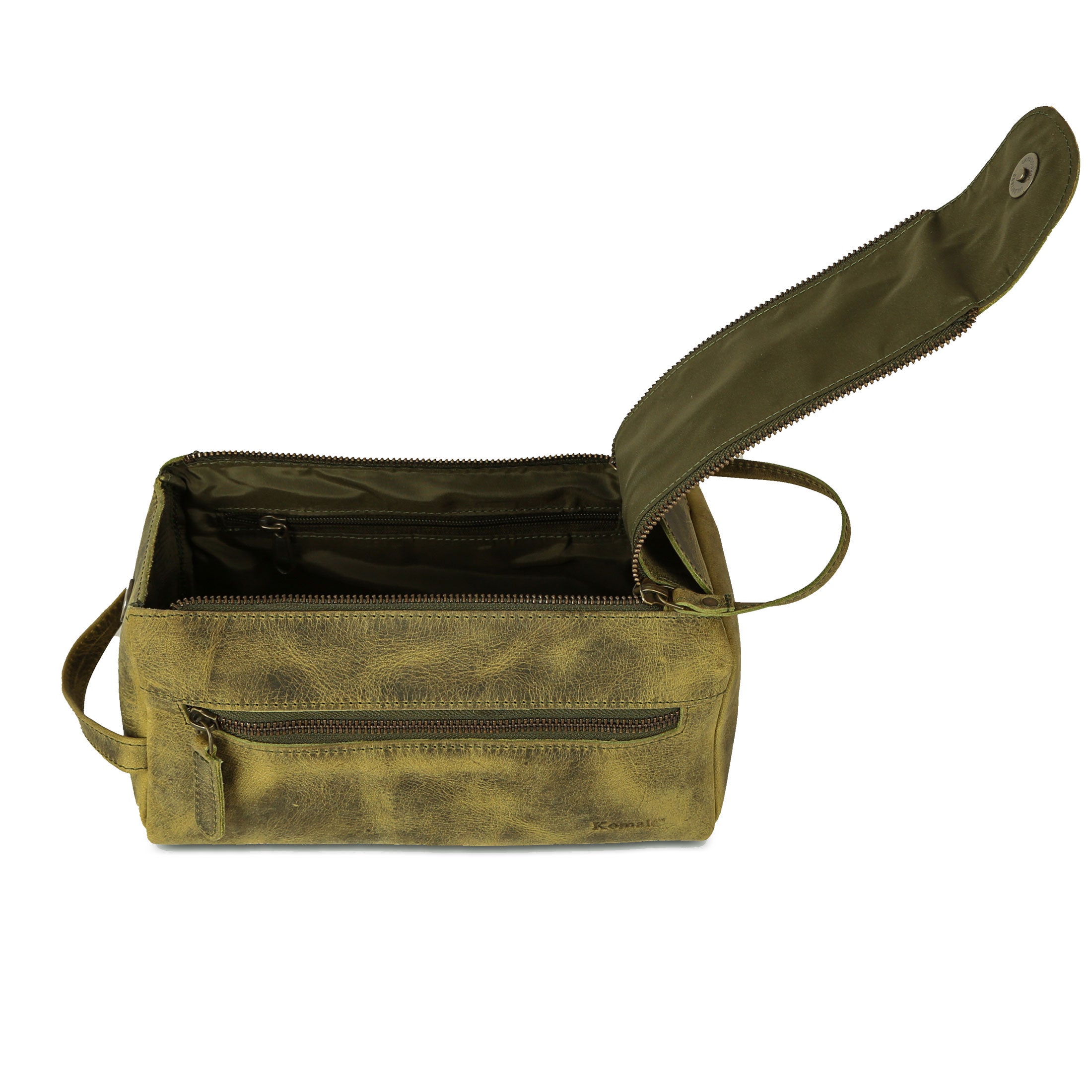 Genuine Buffalo Leather Toiletry Bag – Unisex Travel Dopp Kit (Distressed Green)