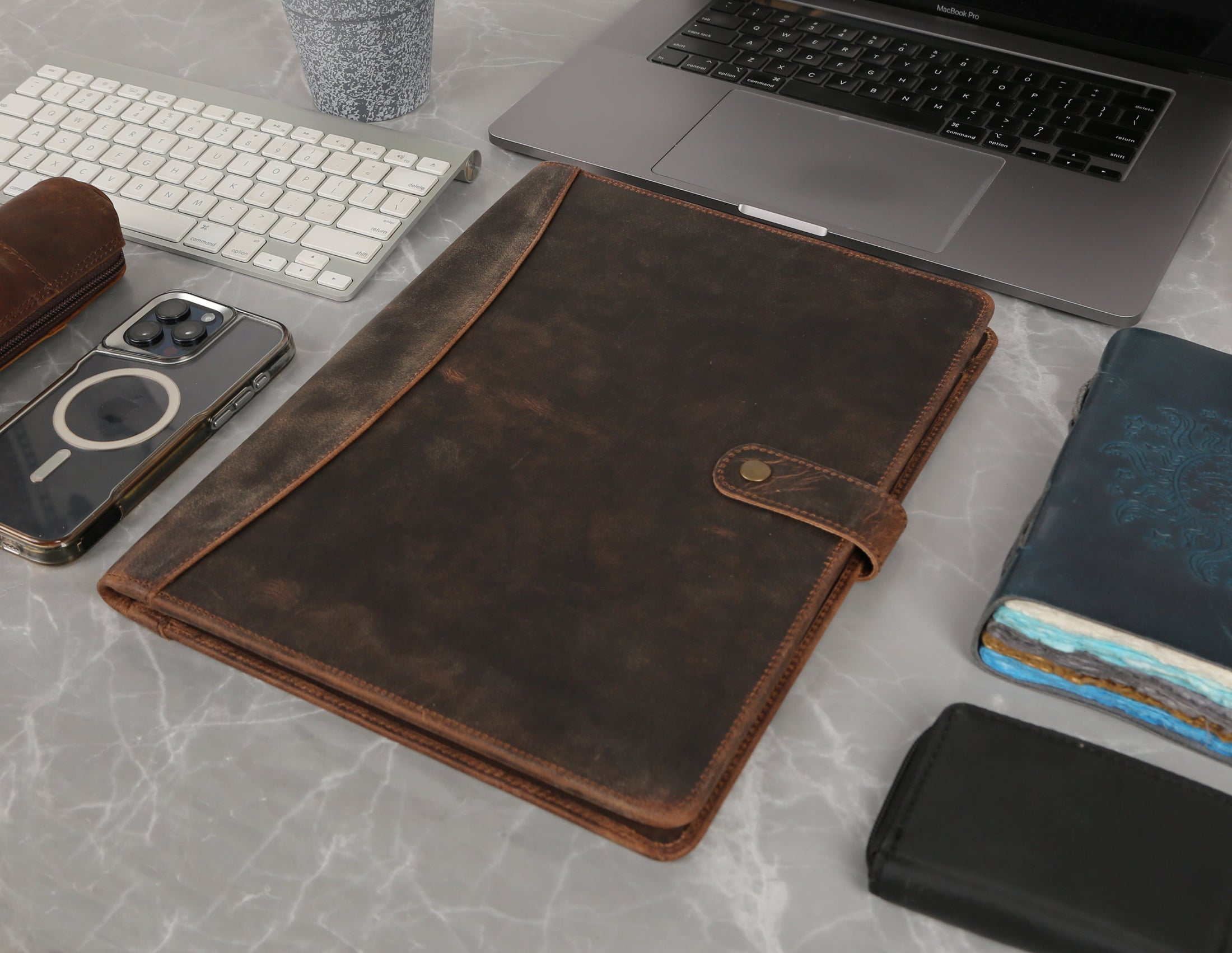 KomalC Leather Portfolio Folder with Button Closure | Business Padfolio for Professionals | Vintage Full-Grain Leather Organizer with Legal Pad Holder, Card Slots & Document Pockets (Distressed Tan)