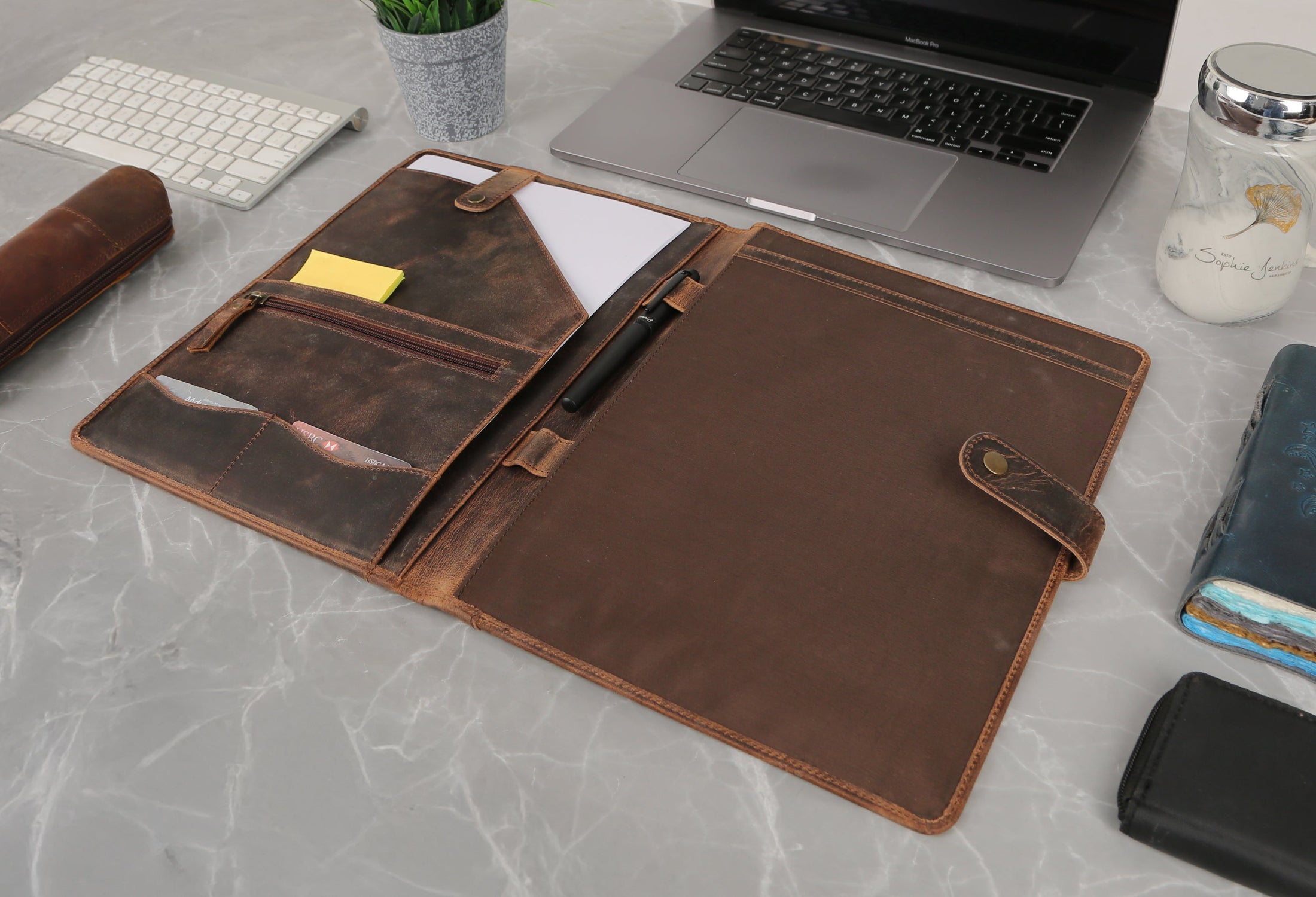 KomalC Leather Portfolio Folder with Button Closure | Business Padfolio for Professionals | Vintage Full-Grain Leather Organizer with Legal Pad Holder, Card Slots & Document Pockets (Distressed Tan)