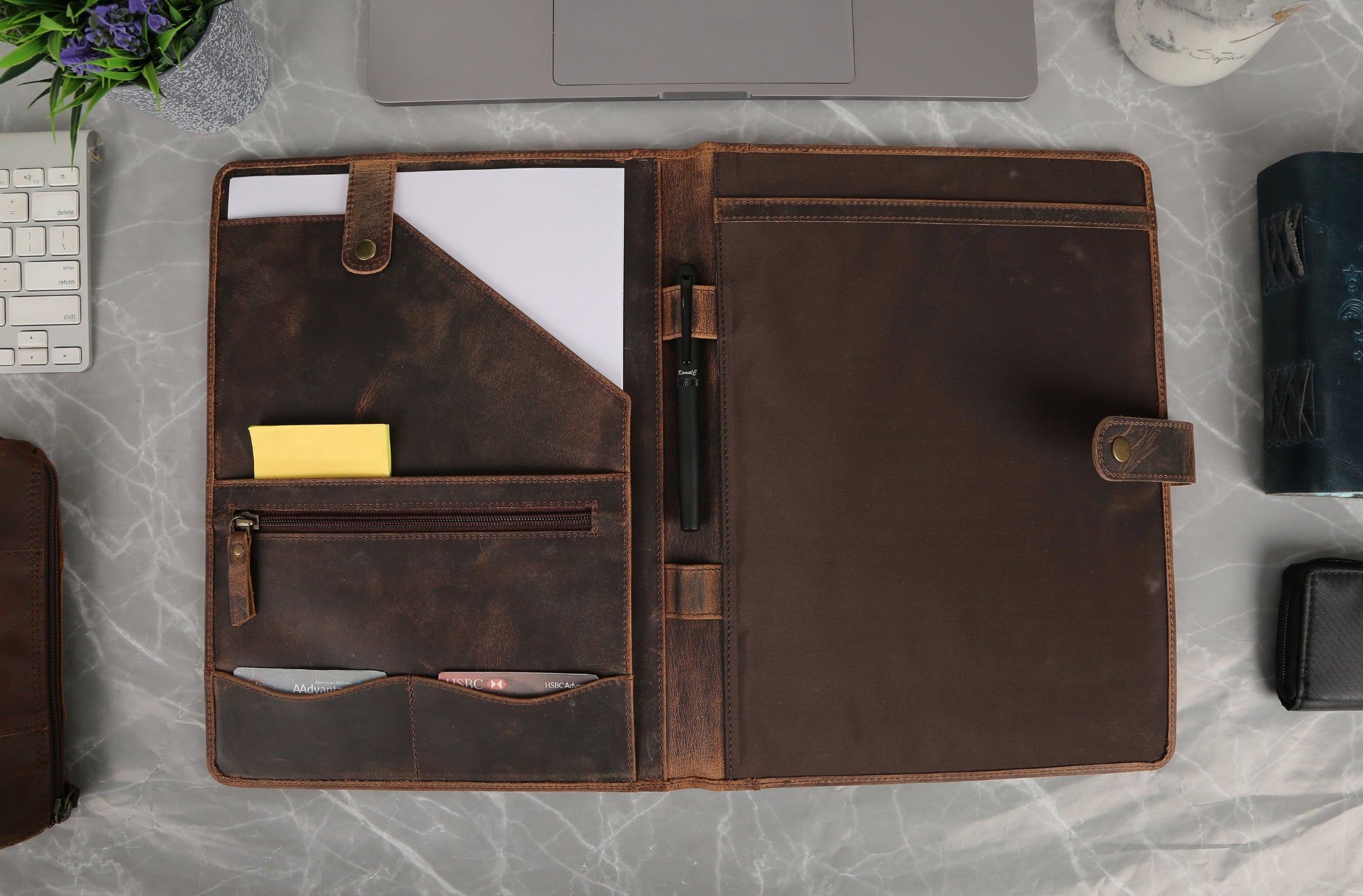 KomalC Leather Portfolio Folder with Button Closure | Business Padfolio for Professionals | Vintage Full-Grain Leather Organizer with Legal Pad Holder, Card Slots & Document Pockets (Distressed Tan)