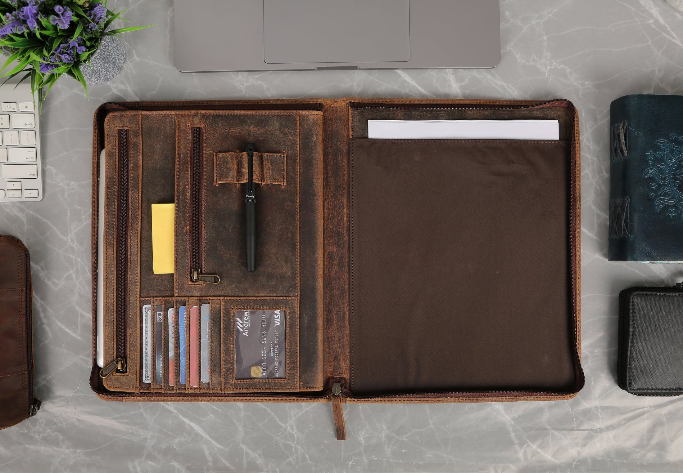 KomalC Leather Portfolio with Zipper Closure | Business Padfolio for Documents, Tablets & Accessories | Vintage Full-Grain Leather Organizer for Professionals