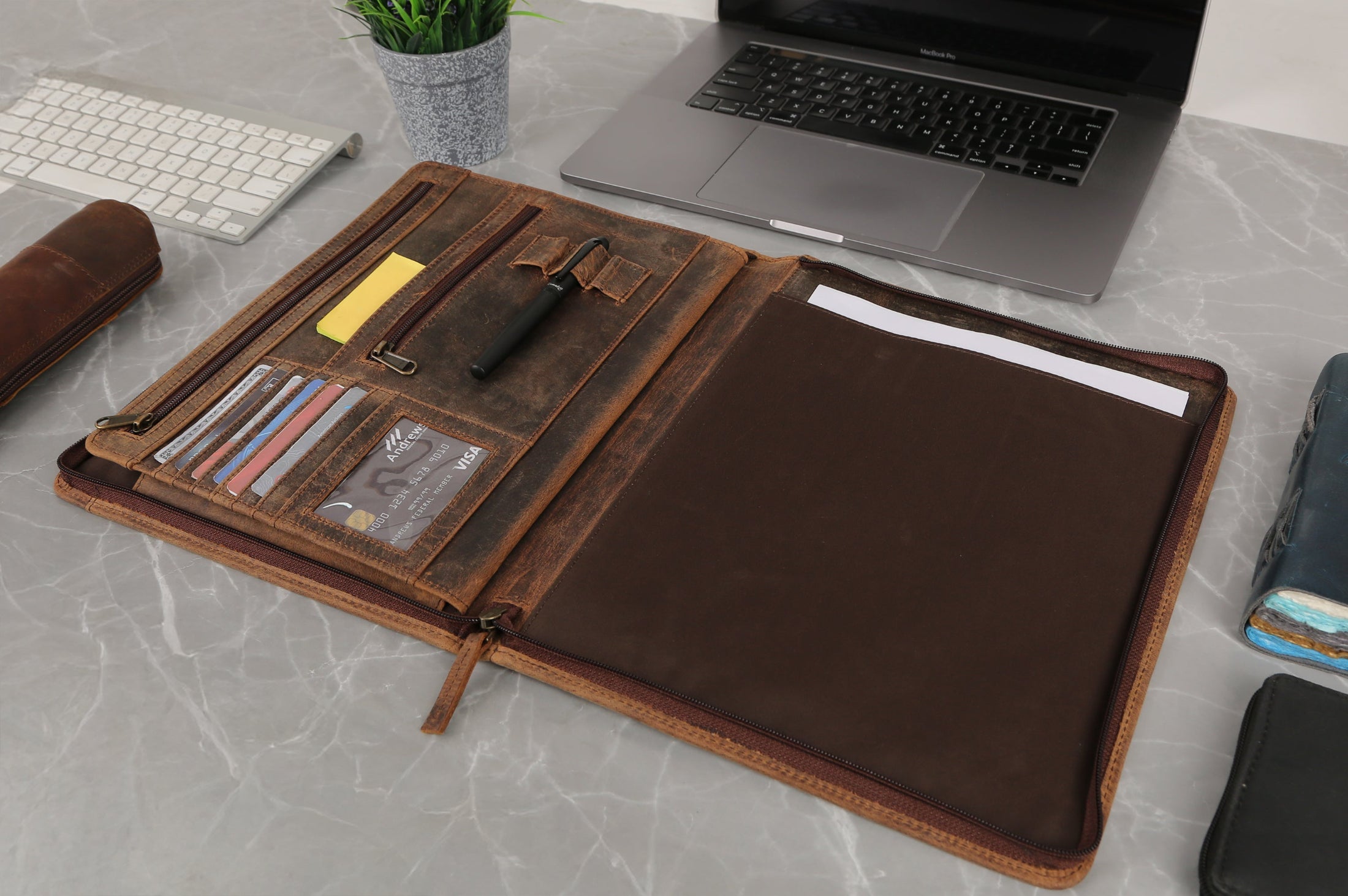 KomalC Leather Portfolio with Zipper Closure | Business Padfolio for Documents, Tablets & Accessories | Vintage Full-Grain Leather Organizer for Professionals