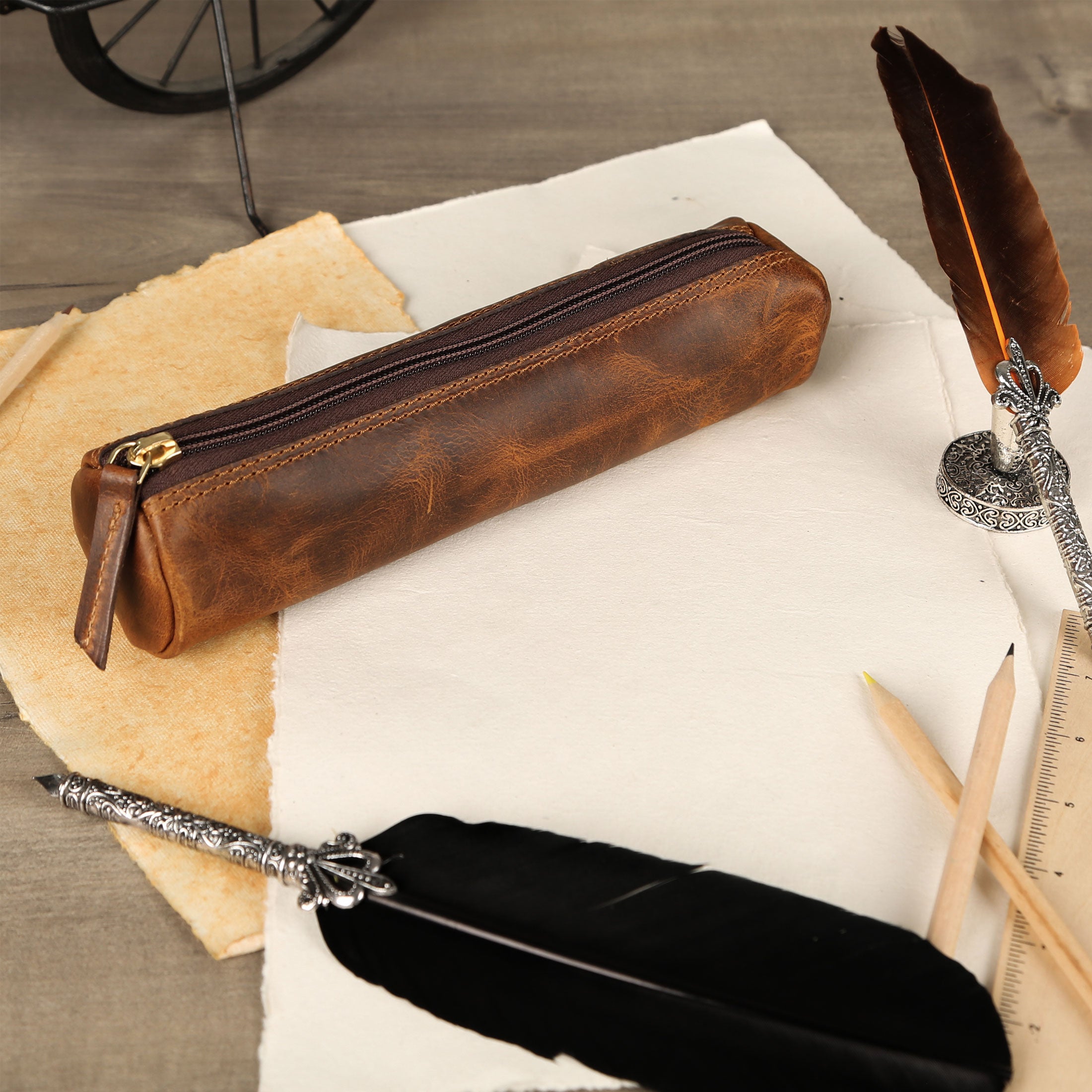 Vintage Leather Pencil Case – Handmade 9” Zipper Pouch for Office, School, or Travel | Slim Leather Organizer for Pens & Accessories