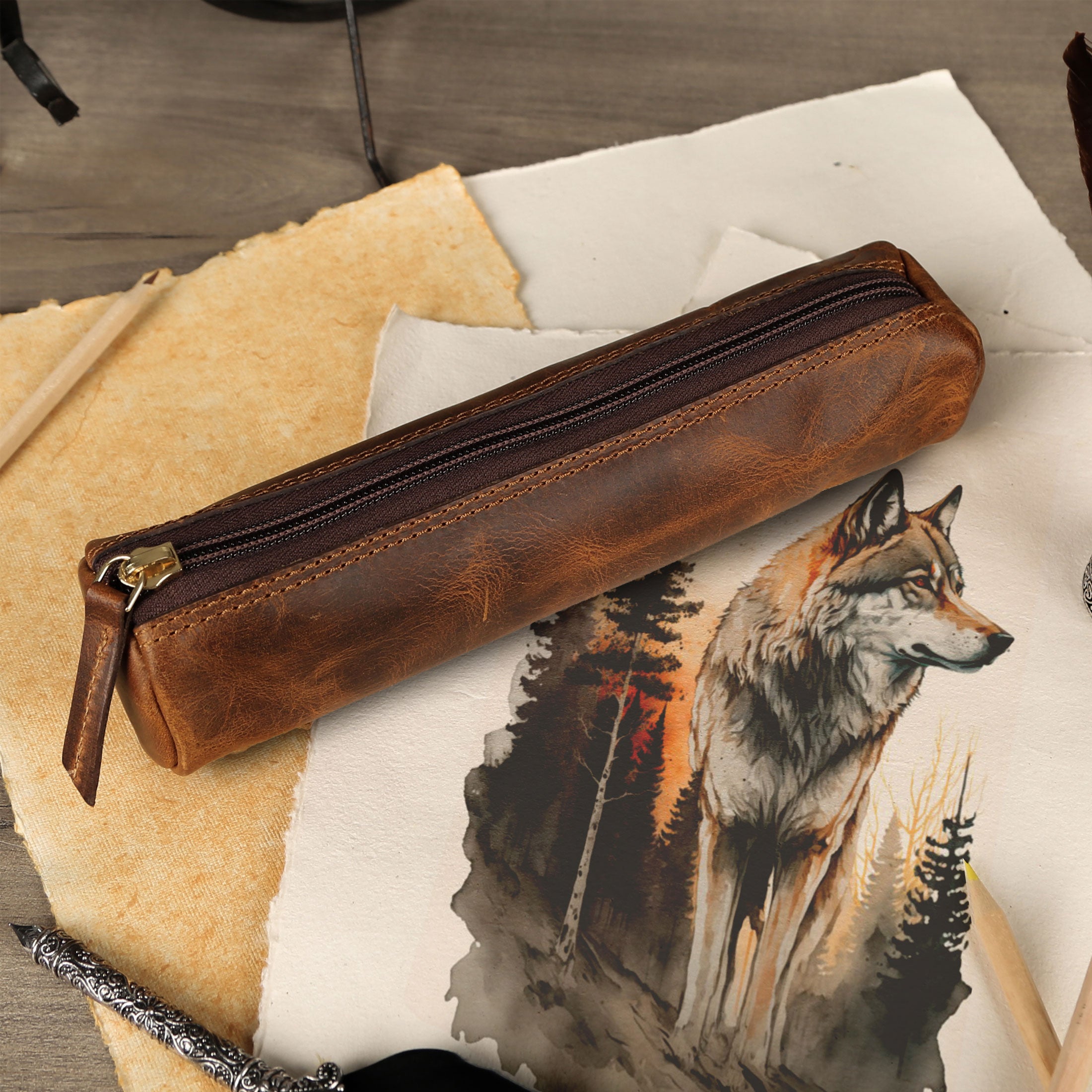 Vintage Leather Pencil Case – Handmade 9” Zipper Pouch for Office, School, or Travel | Slim Leather Organizer for Pens & Accessories