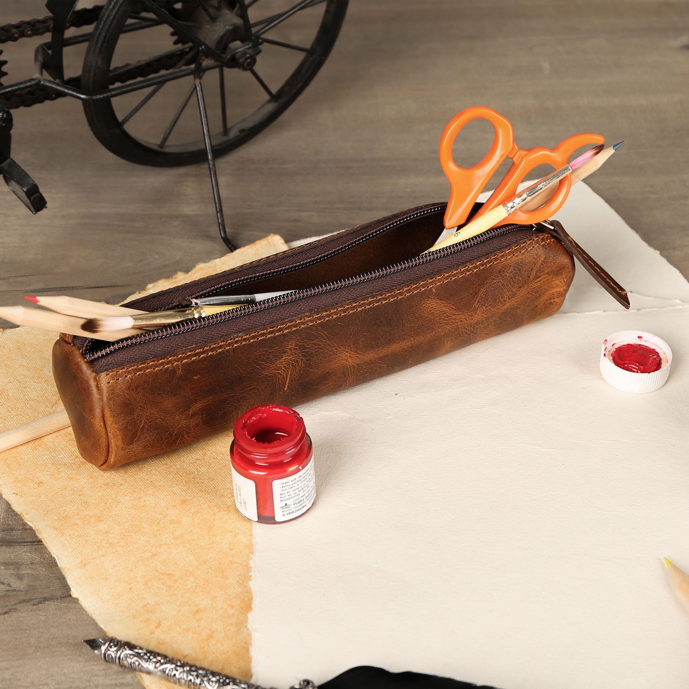 Vintage Leather Pencil Case – Handmade 9” Zipper Pouch for Office, School, or Travel | Slim Leather Organizer for Pens & Accessories