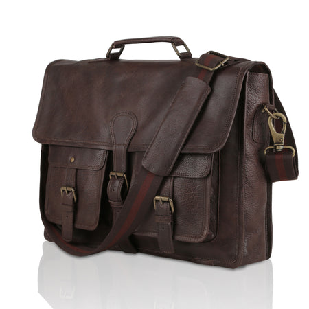 KPL 18 Inch Brown Leather Messenger Bag for Men – Full Grain Buffalo Leather Laptop Briefcase with YKK Zippers, Trolley Strap, Checkered Lining – Slim Laptop Bag for Office, Work, Travel (Fits 17” Laptop)