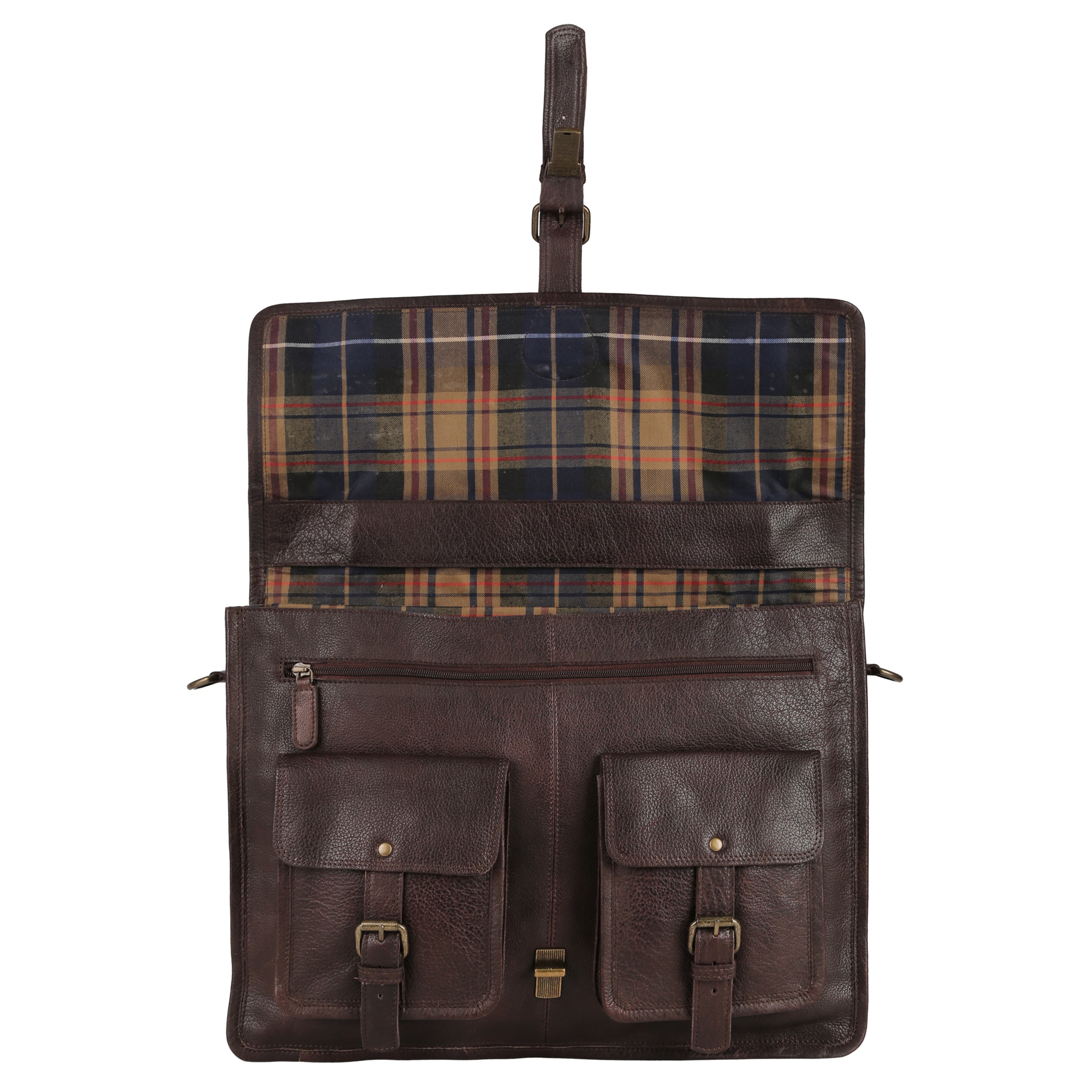 KPL 18 Inch Brown Leather Messenger Bag for Men – Full Grain Buffalo Leather Laptop Briefcase with YKK Zippers, Trolley Strap, Checkered Lining – Slim Laptop Bag for Office, Work, Travel (Fits 17” Laptop)