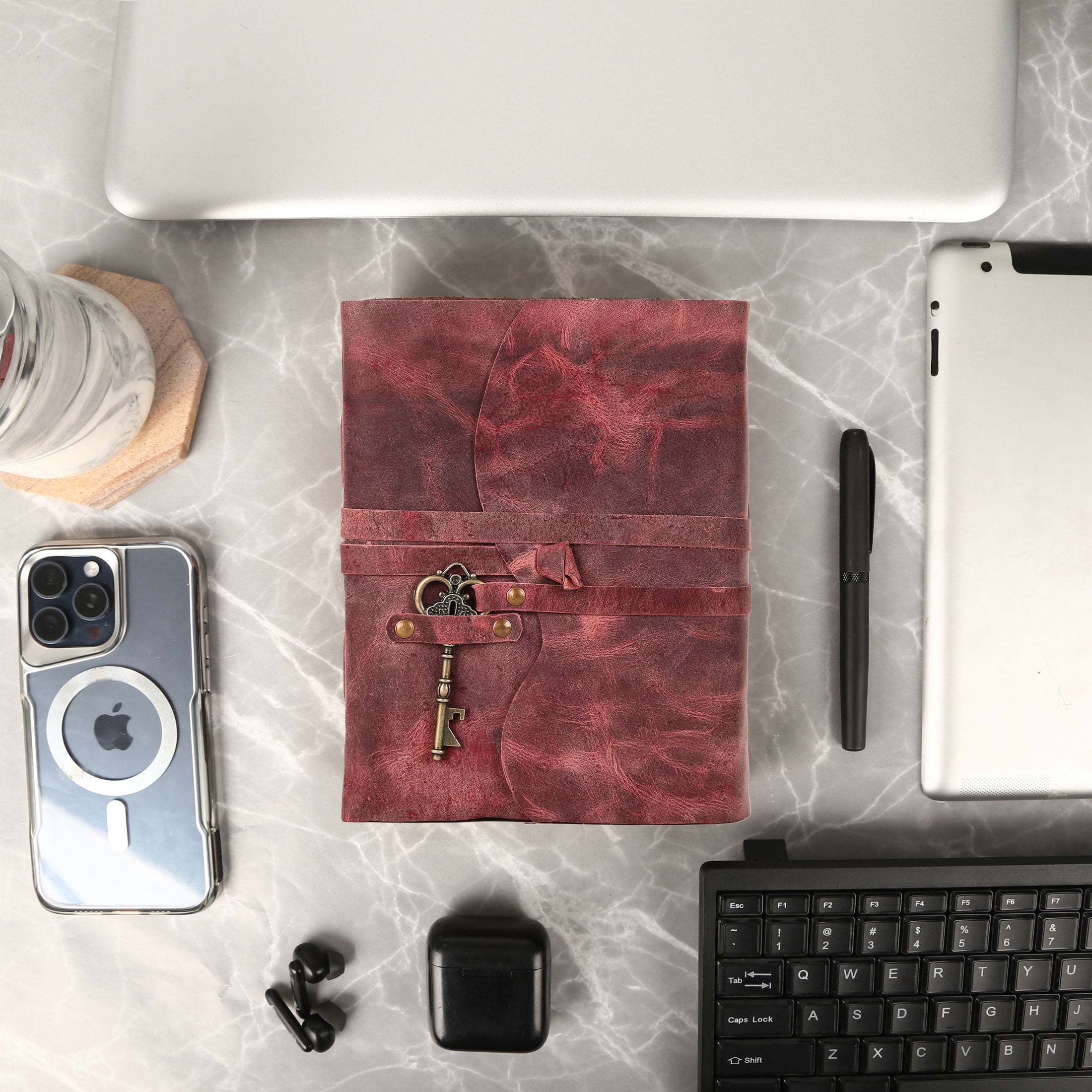 Leather Journal with unlined Deckle Edge Paper Vintage Key/ Handmade Writing Notebook Diary/ Bound Daily Notepad for Men & Women (Dusty Rose)