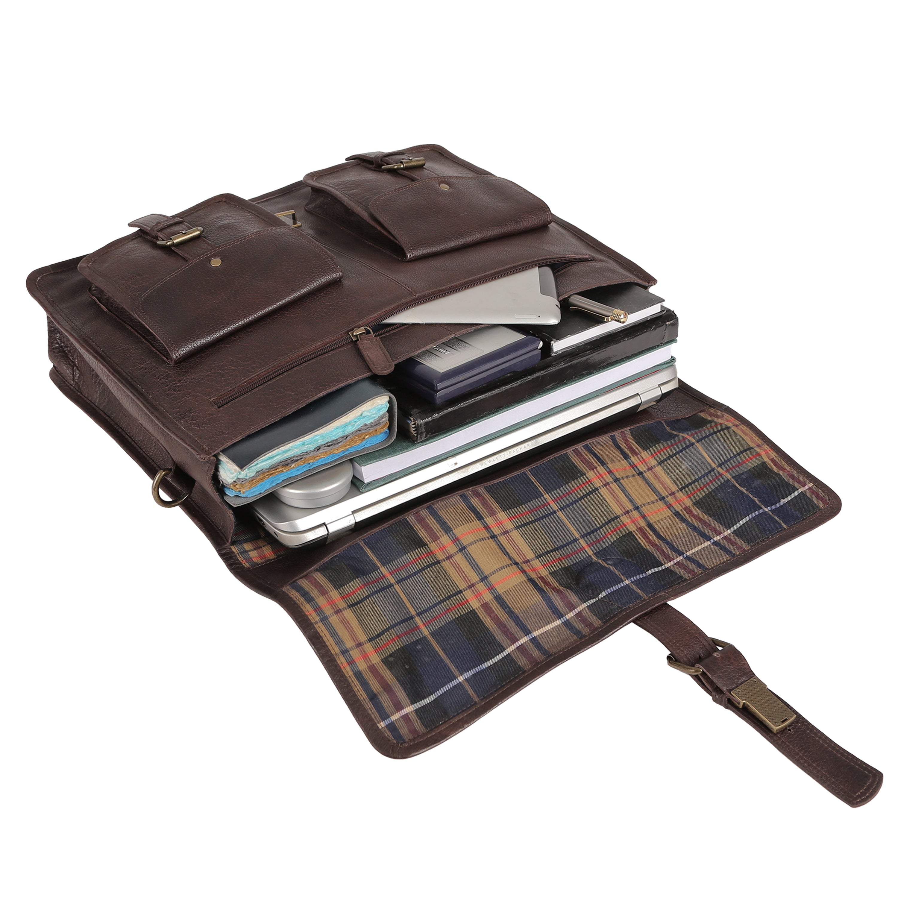 KPL 18 Inch Brown Leather Messenger Bag for Men – Full Grain Buffalo Leather Laptop Briefcase with YKK Zippers, Trolley Strap, Checkered Lining – Slim Laptop Bag for Office, Work, Travel (Fits 17” Laptop)