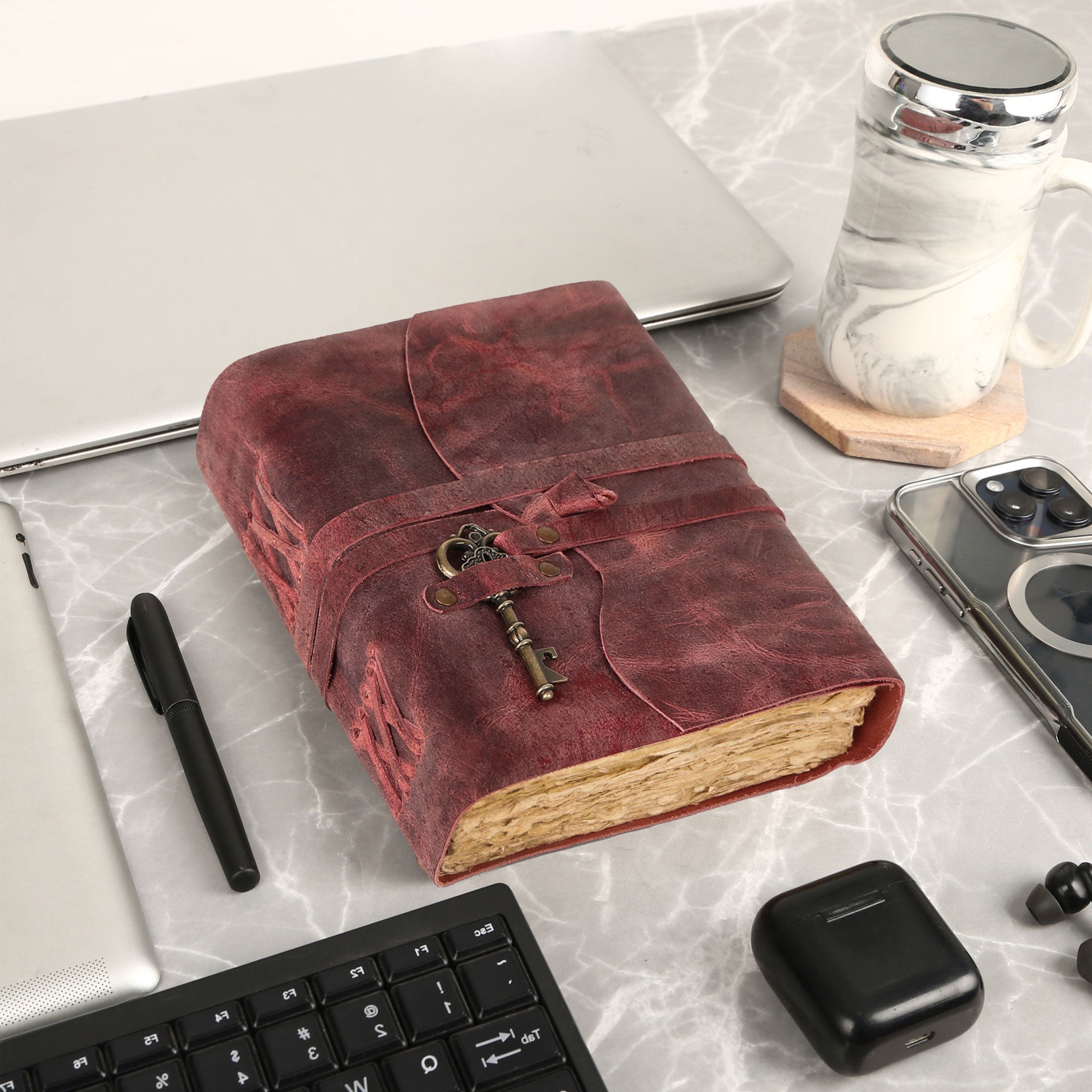 Leather Journal with unlined Deckle Edge Paper Vintage Key/ Handmade Writing Notebook Diary/ Bound Daily Notepad for Men & Women (Dusty Rose)