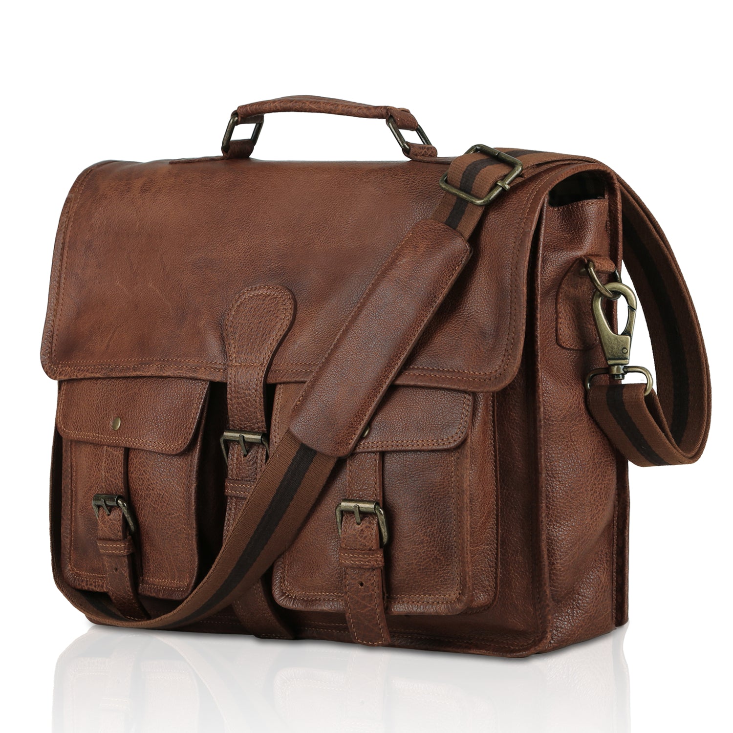 KPL 18 Inch Tan Leather Messenger Bag for Men – Full Grain Buffalo Leather Laptop Briefcase with YKK Zippers, Trolley Strap & Checkered Lining – Slim Office Laptop Bag (Fits 17” Laptop)