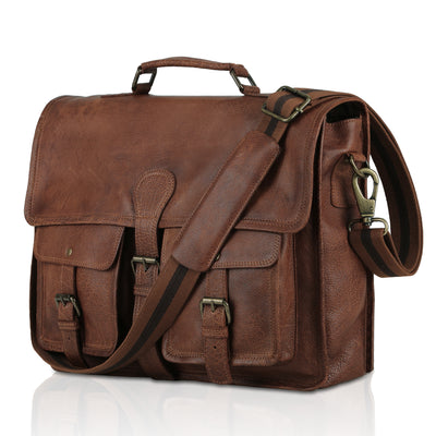 KPL 18 Inch Tan Leather Messenger Bag for Men – Full Grain Buffalo Leather Laptop Briefcase with YKK Zippers, Trolley Strap & Checkered Lining – Slim Office Laptop Bag (Fits 17” Laptop)