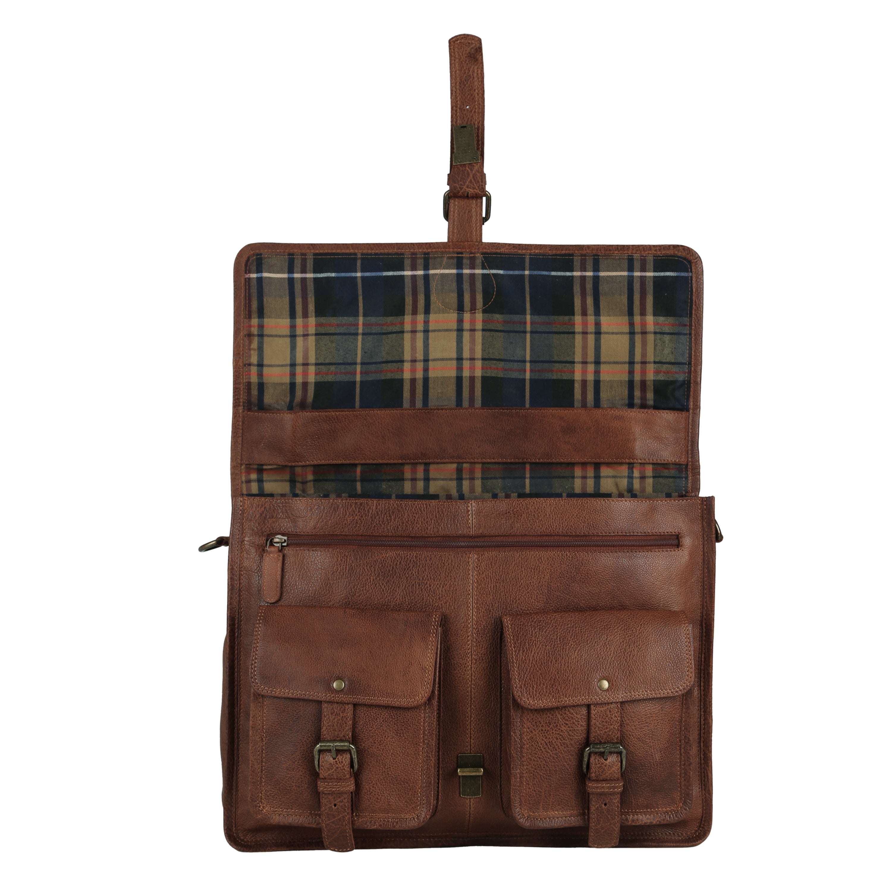 KPL 18 Inch Tan Leather Messenger Bag for Men – Full Grain Buffalo Leather Laptop Briefcase with YKK Zippers, Trolley Strap & Checkered Lining – Slim Office Laptop Bag (Fits 17” Laptop)