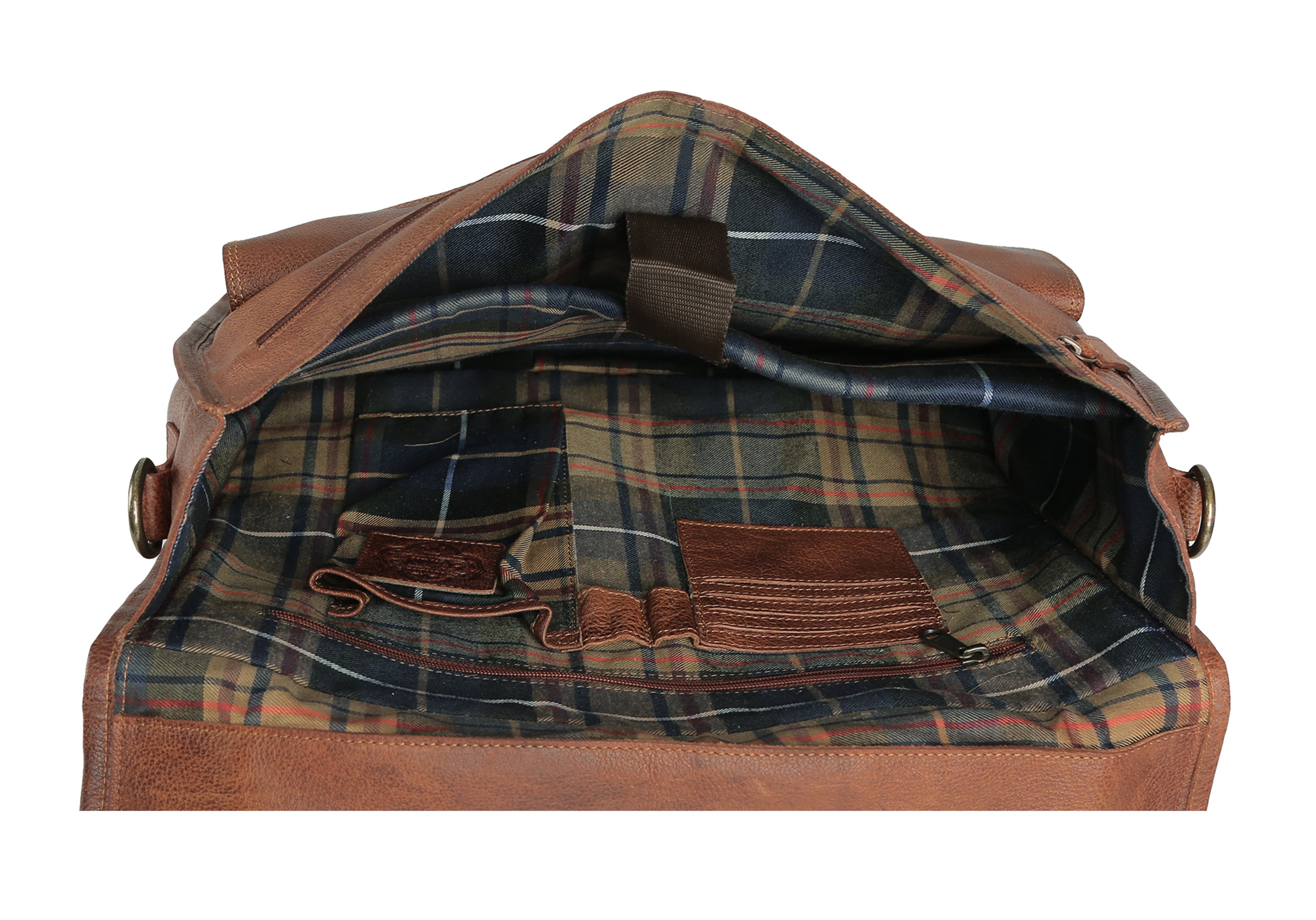 KPL 18 Inch Tan Leather Messenger Bag for Men – Full Grain Buffalo Leather Laptop Briefcase with YKK Zippers, Trolley Strap & Checkered Lining – Slim Office Laptop Bag (Fits 17” Laptop)