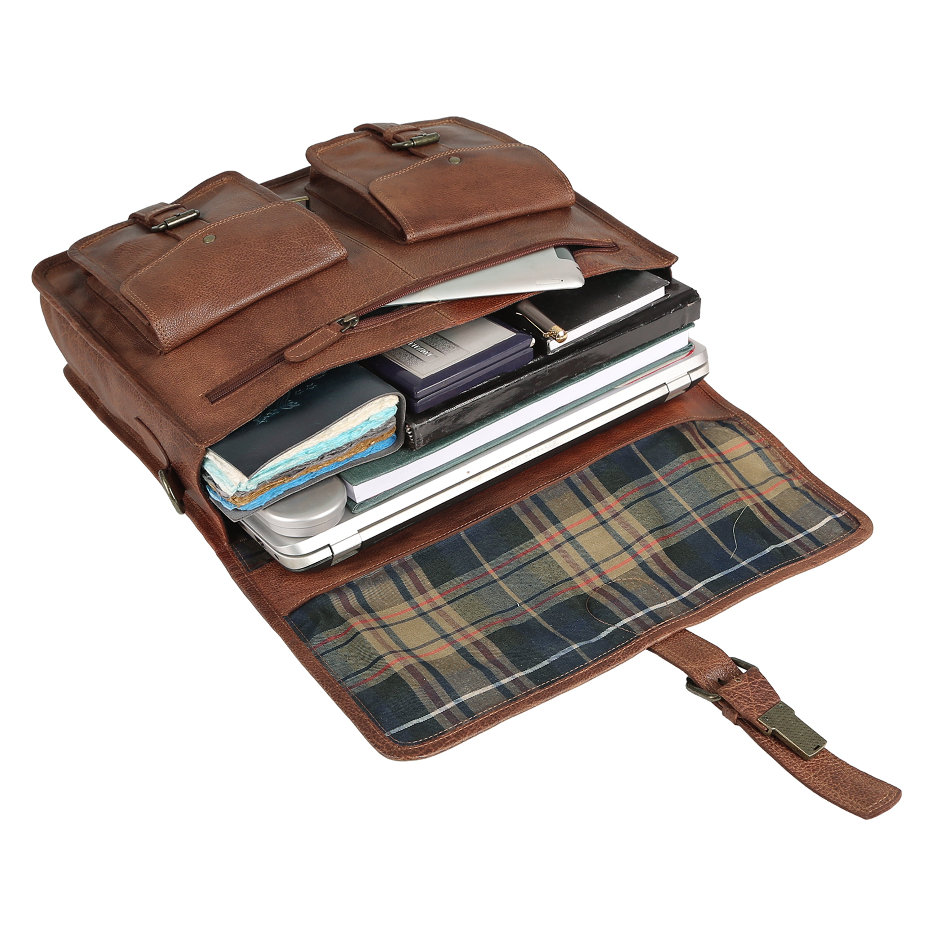 KPL 18 Inch Tan Leather Messenger Bag for Men – Full Grain Buffalo Leather Laptop Briefcase with YKK Zippers, Trolley Strap & Checkered Lining – Slim Office Laptop Bag (Fits 17” Laptop)