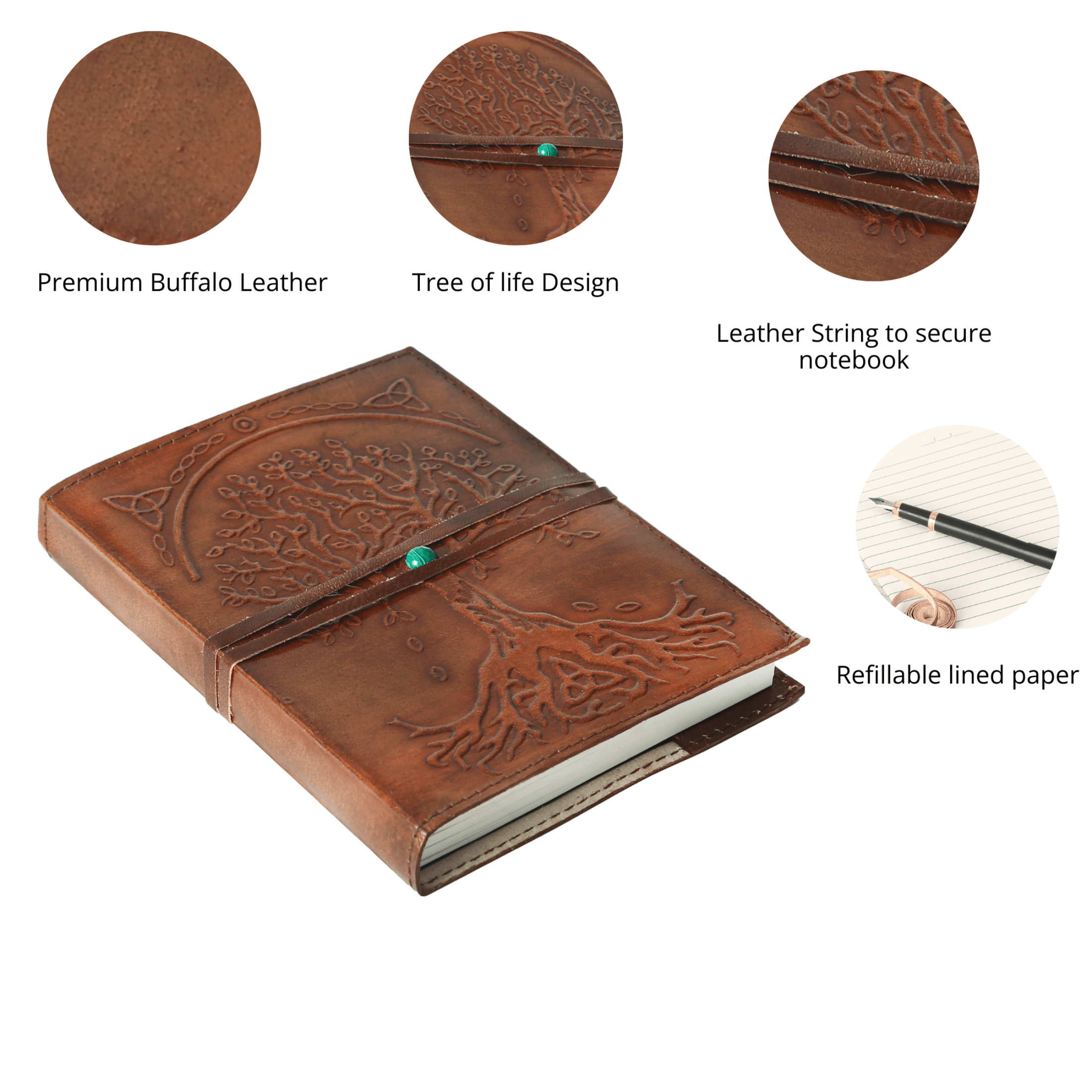 Handmade Leather Journal Tree of Life Embossed Buffalo leather Diary 7Hx5W top Inch Brown Christmas Gift