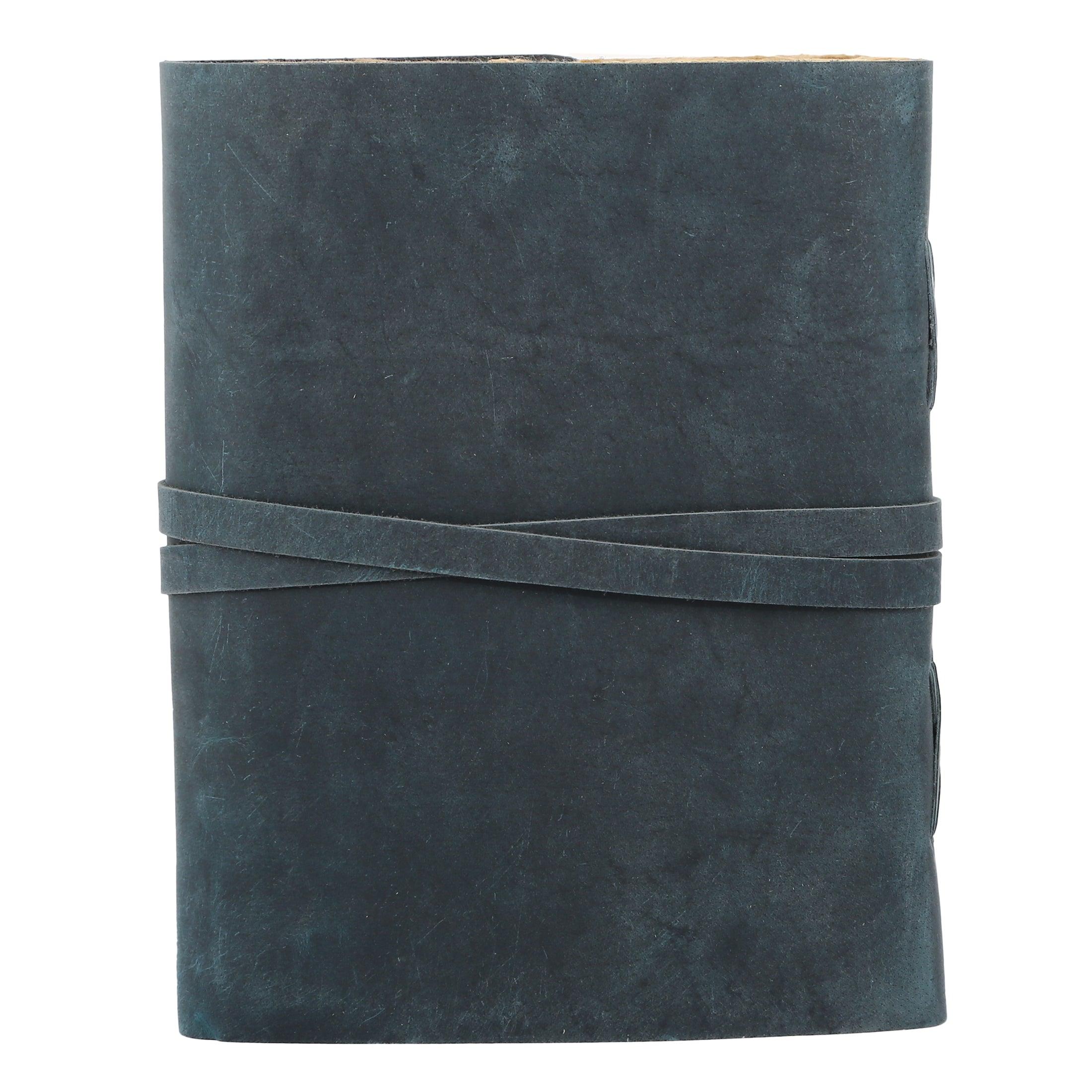 Back side of leather journal with wrap closure