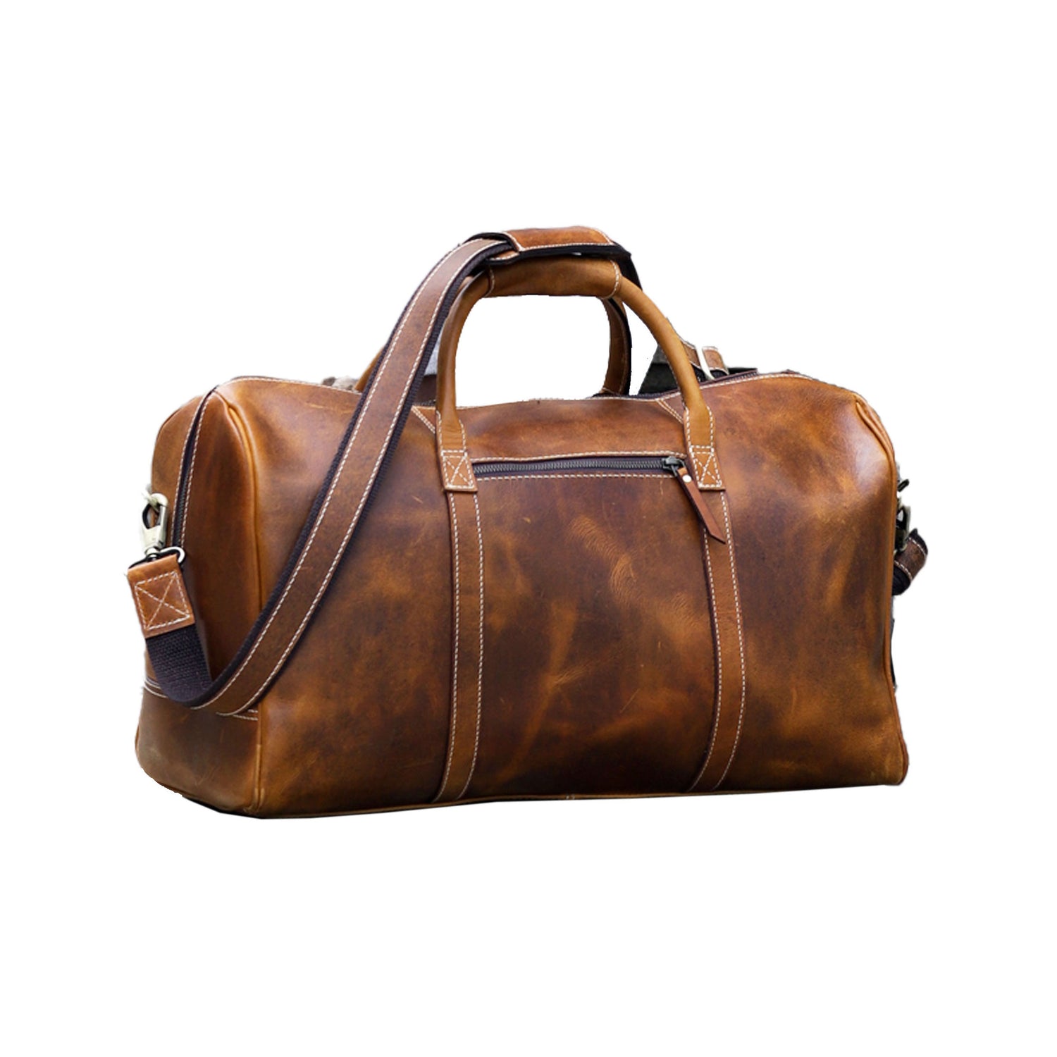 Leather Duffel Bag - Travel, Gym, Sports, Overnight, and Weekend Cabin Holdall by KomalC (Distressed Tan)
