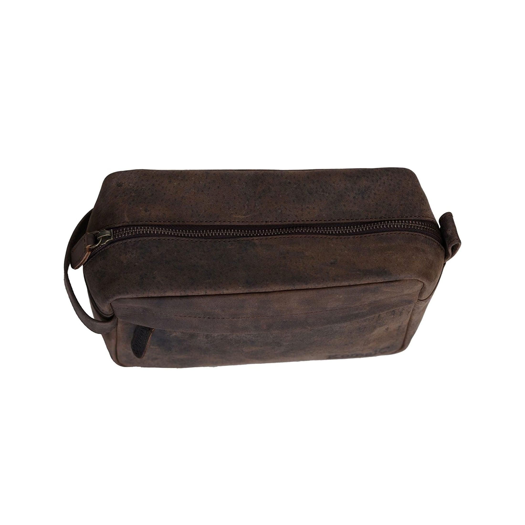 Vintage leather toiletry bag for men and women with ykk metal zippers