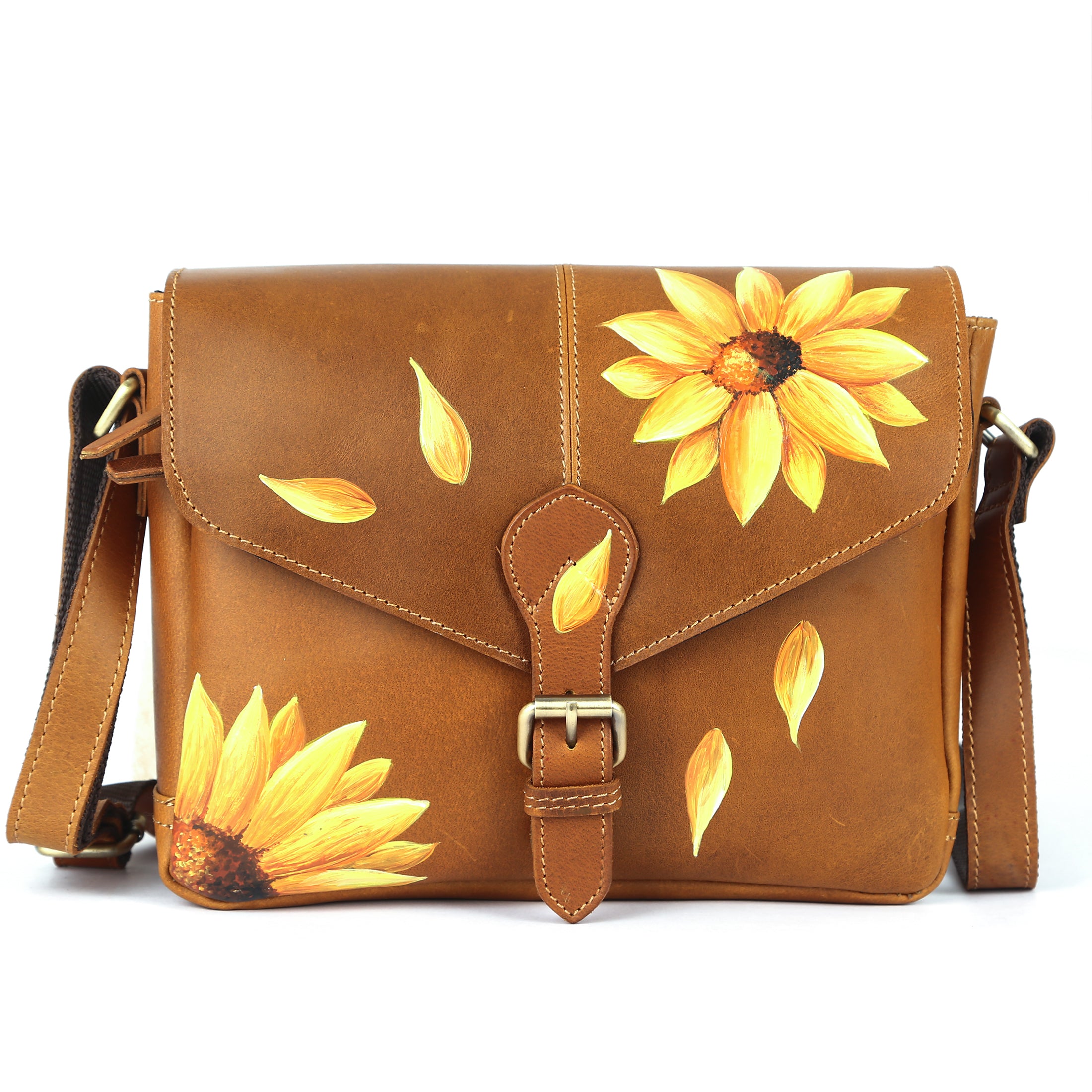 Hand-Painted Genuine Leather Crossbody Bag for Women – Vintage