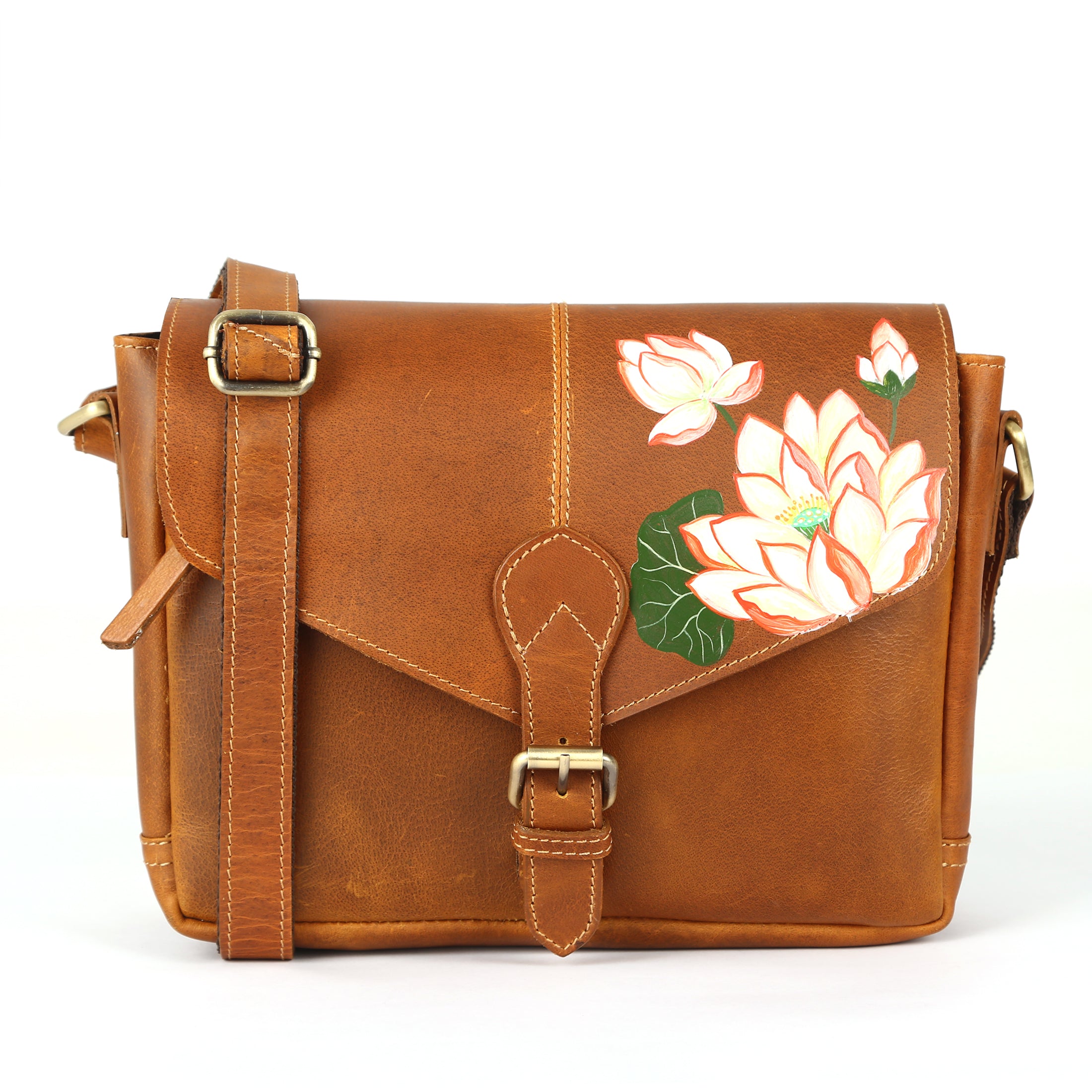 Lotus Hand painted leather crossbody bags for women