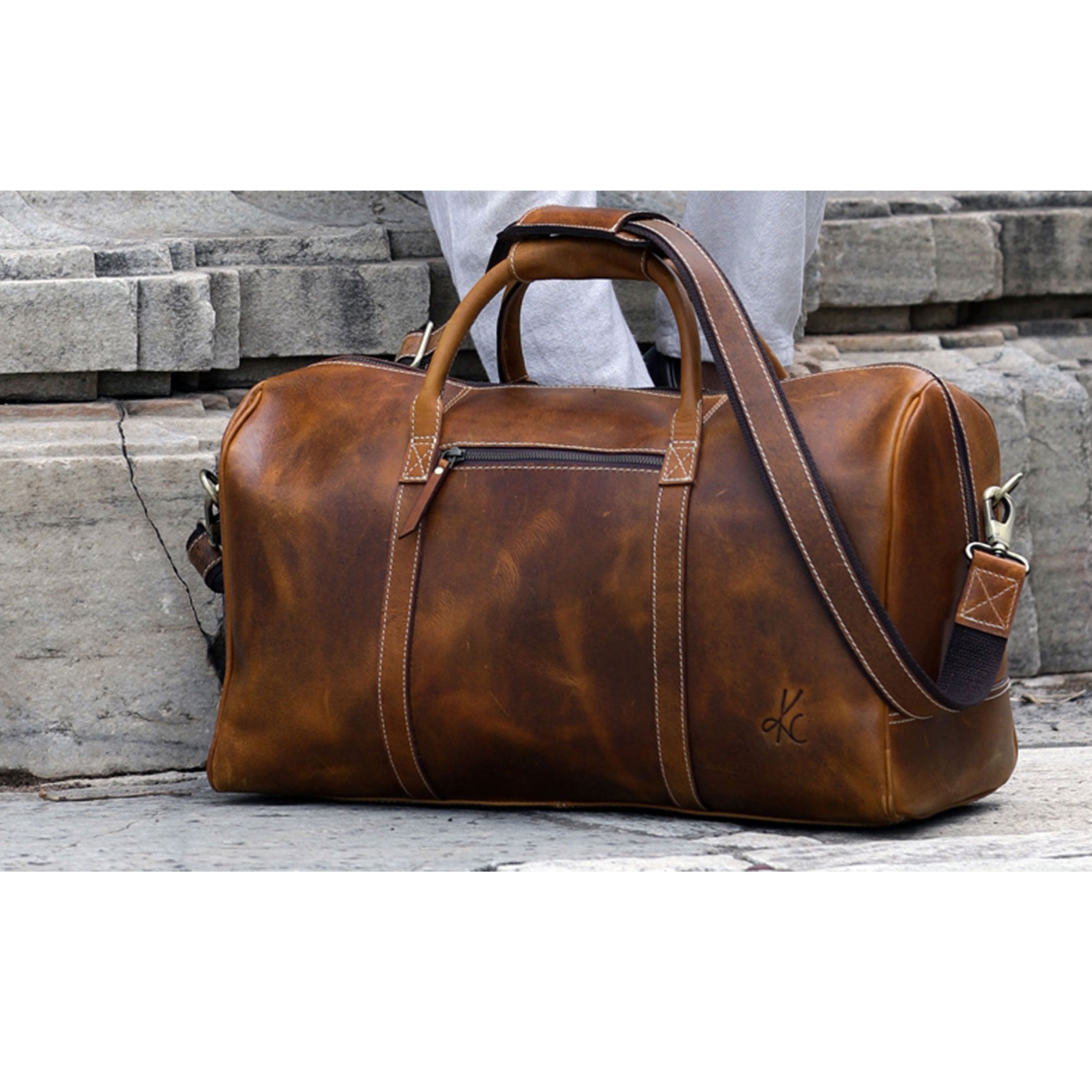 Leather Duffel Bag - Travel, Gym, Sports, Overnight, and Weekend Cabin Holdall by KomalC (Distressed Tan)