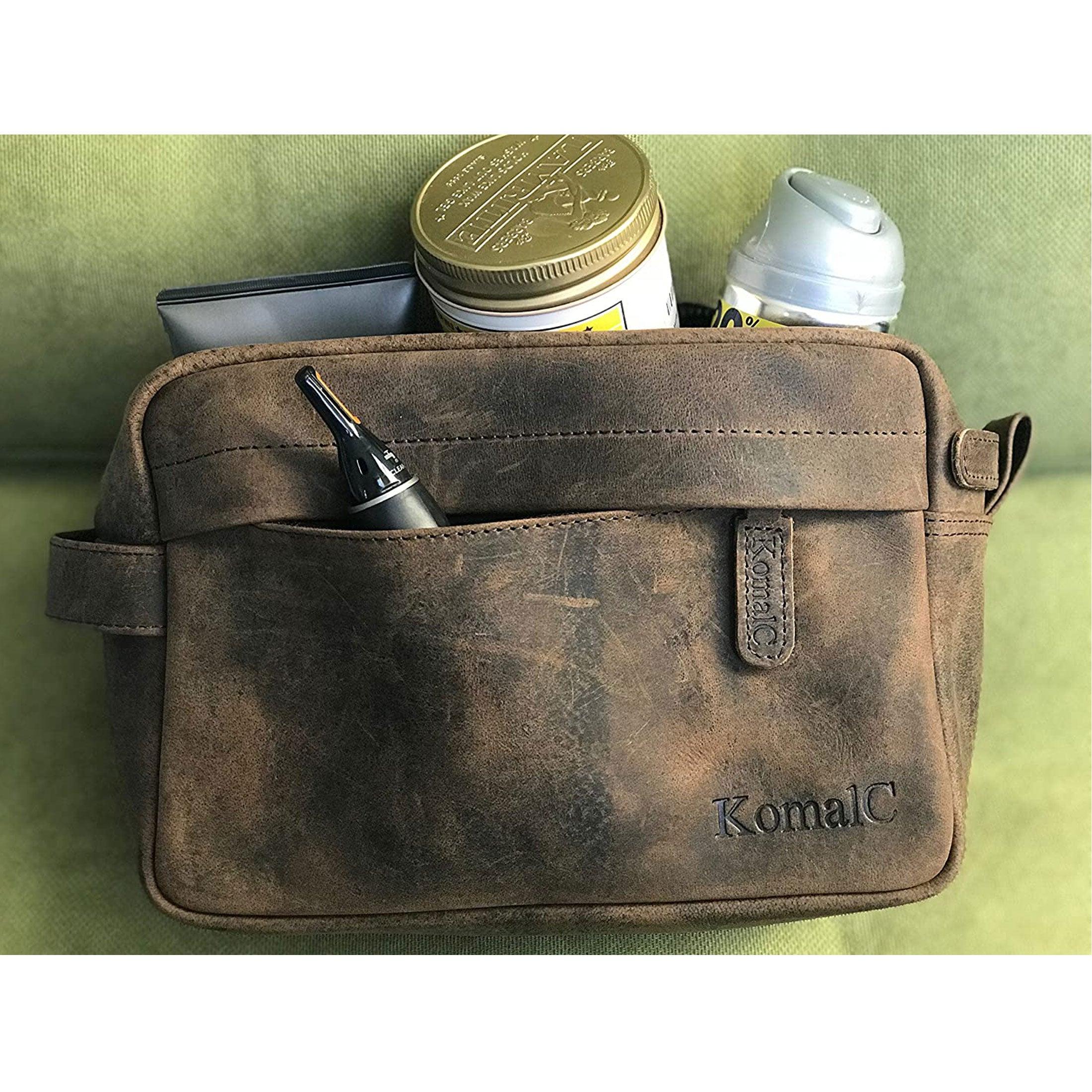 Leather toiletry bag with extra pockets