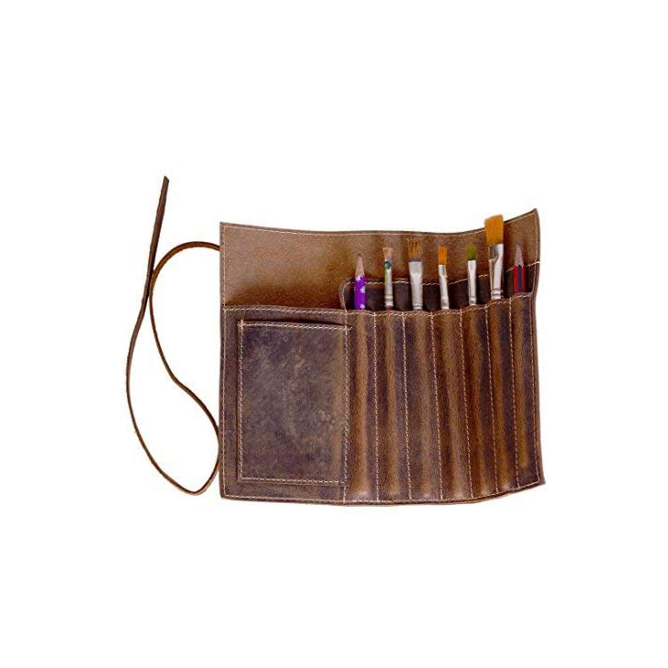 Vintage leather pen and pencil pouch with multiple compartments