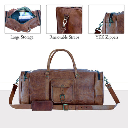 Spacious 21-inch vintage leather duffel bag
