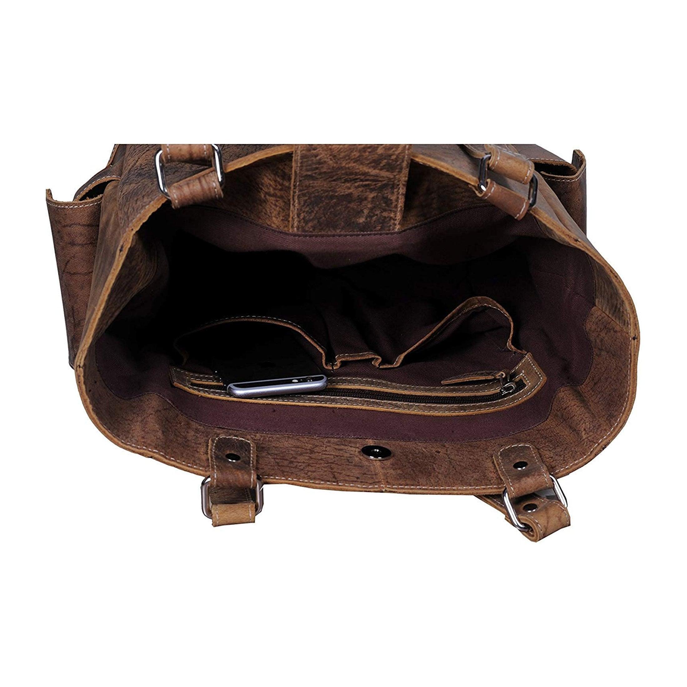 Leather tote bag with extra pockets for mobile, pen holder and inner zip