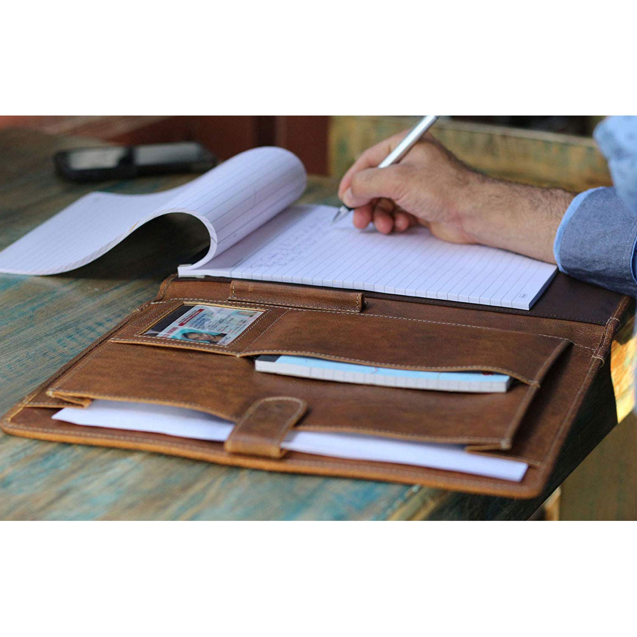 Leather Business Portfolio Folder Personal Organizer, Luxury Full Grain Leather Padfolio, Leather Folder (Light Tan)