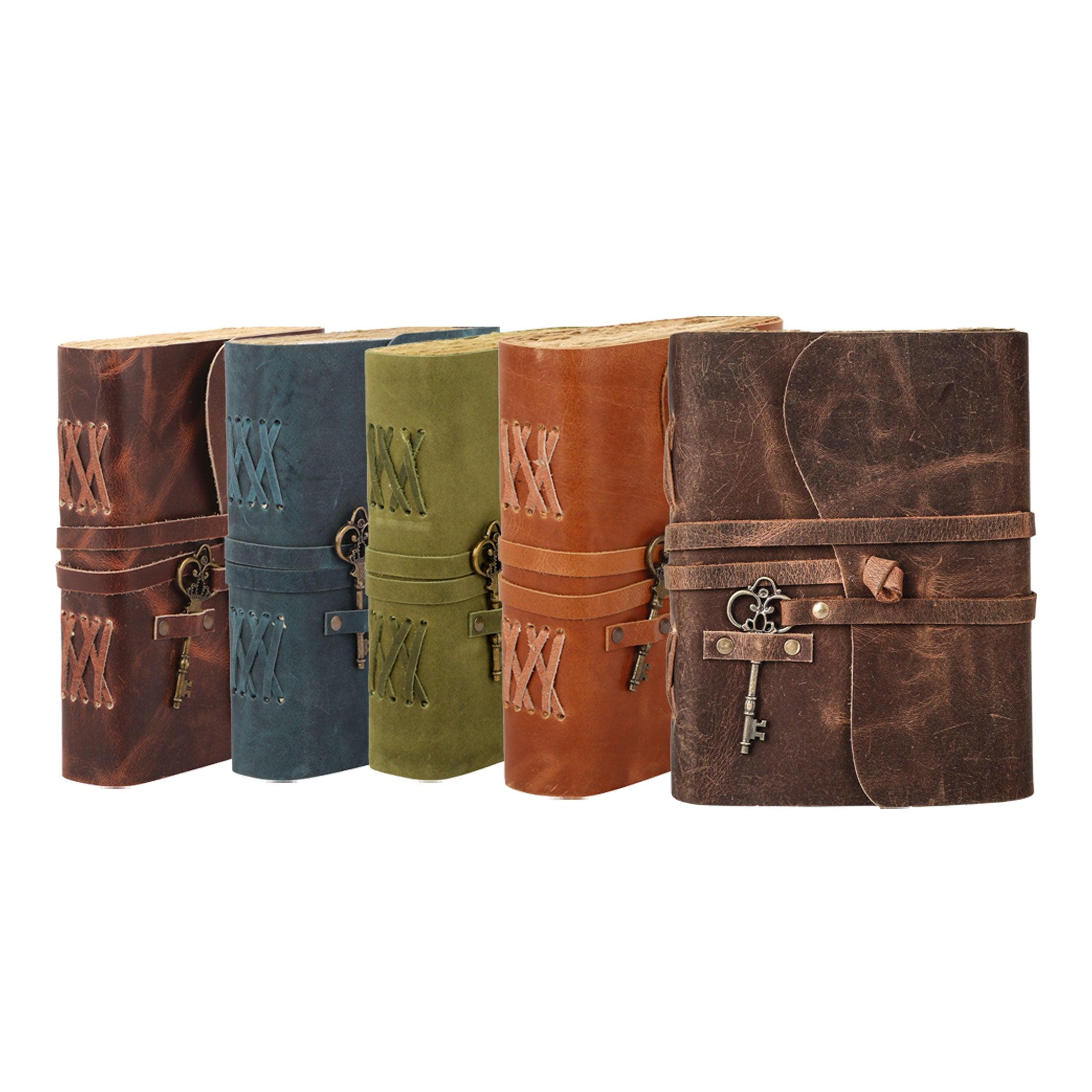 Color options in Leather journal which has wrap closure and vintage key
