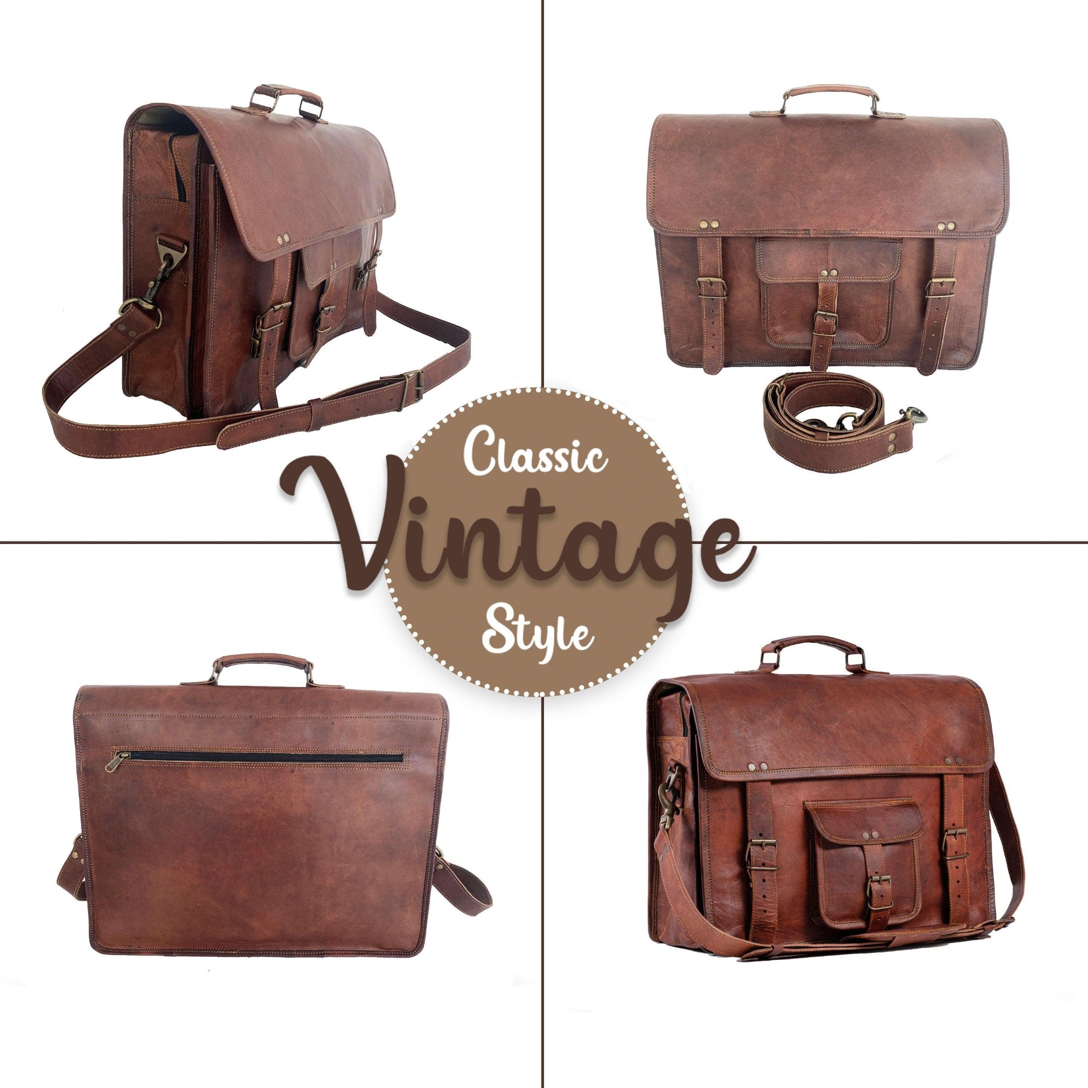 Classic vintage-style leather briefcase with buckles closure, pockets, YKK metal zippers and durable stitching