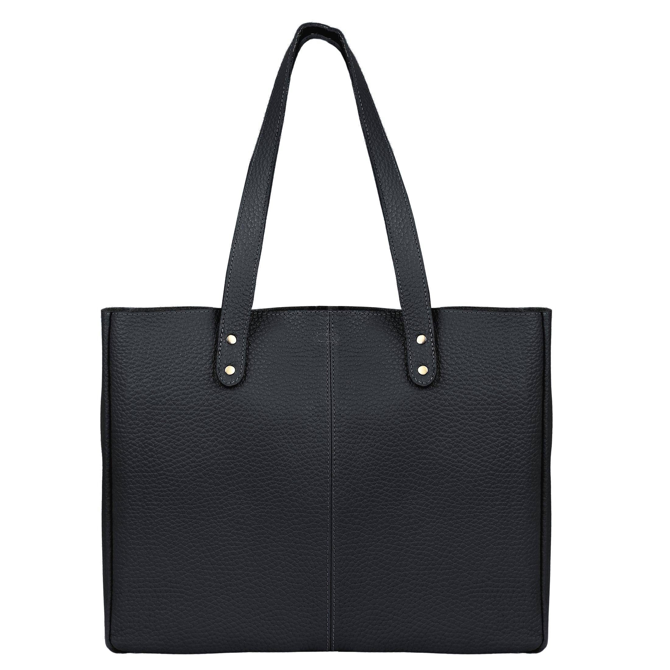 Black leather tote bag for women
