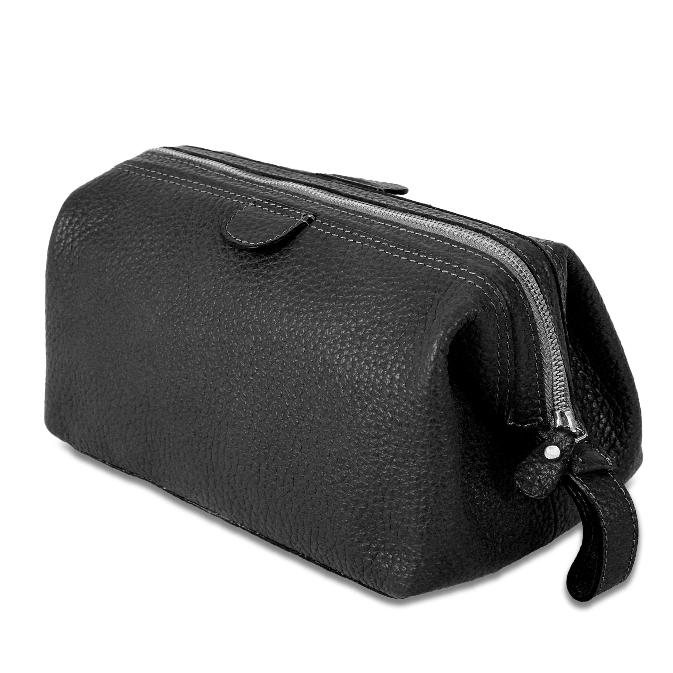 Large Premium Leather Toiletry Bag for Women and Men – Travel Dopp Kit Utility Wash Bag Black