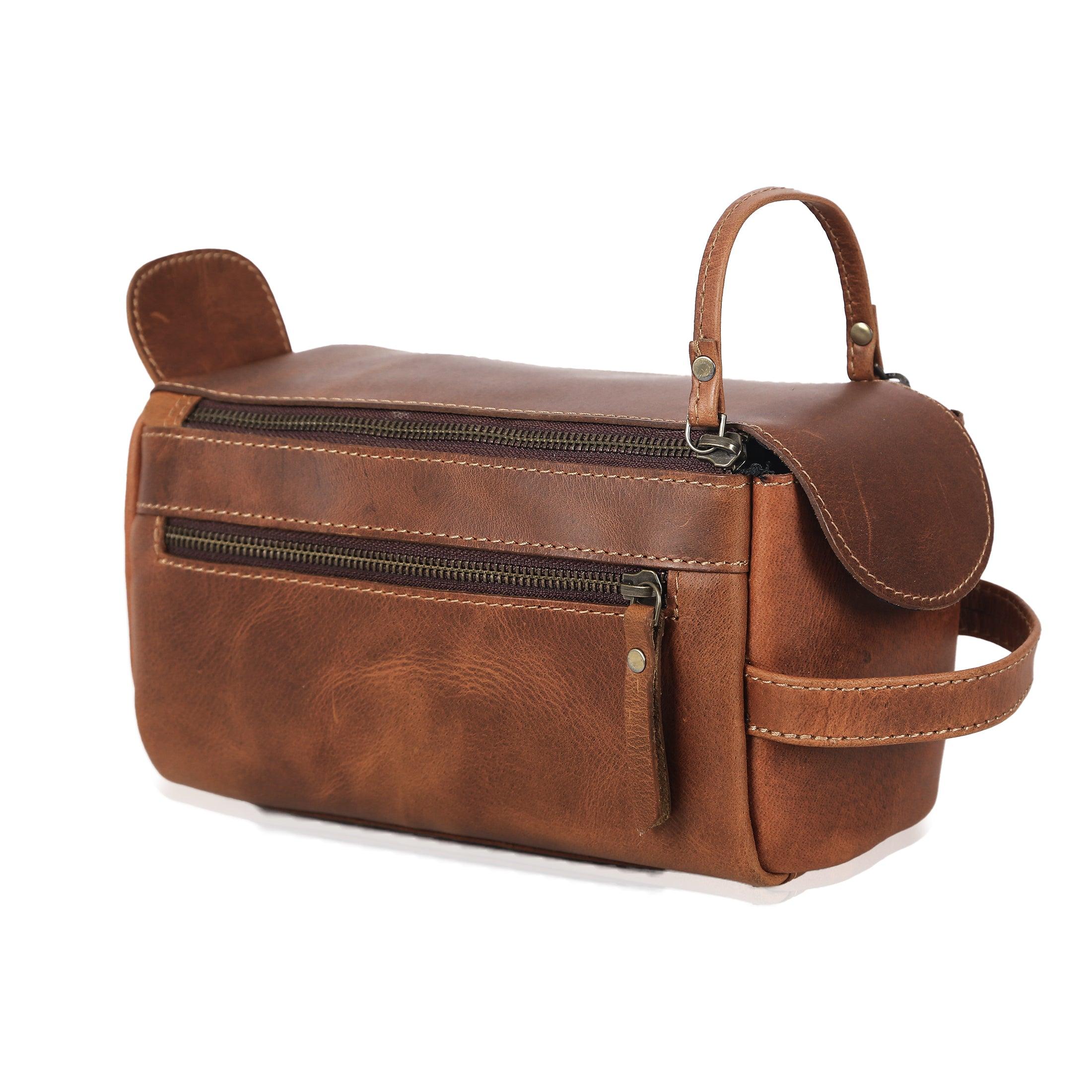 KomalC Premium Buffalo Leather Unisex Toiletry Bag Travel Dopp Kit Distressed Orange Tan