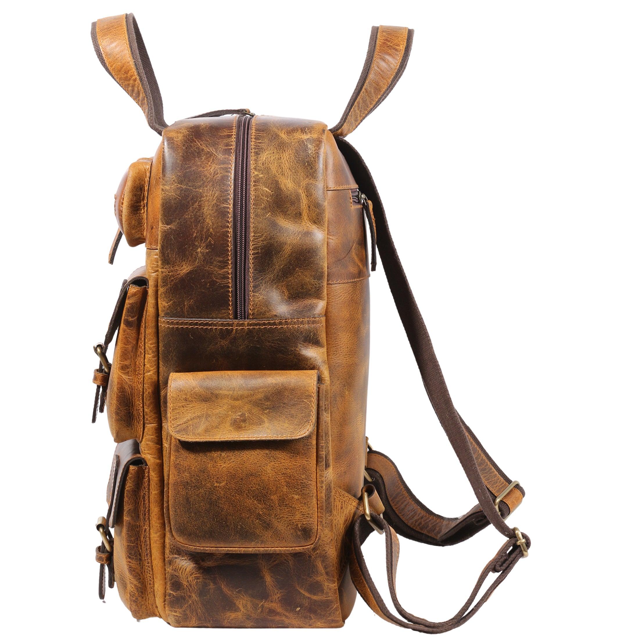 brown leather multi-pocket backpack diophy leather Leather Backpack Rucksack