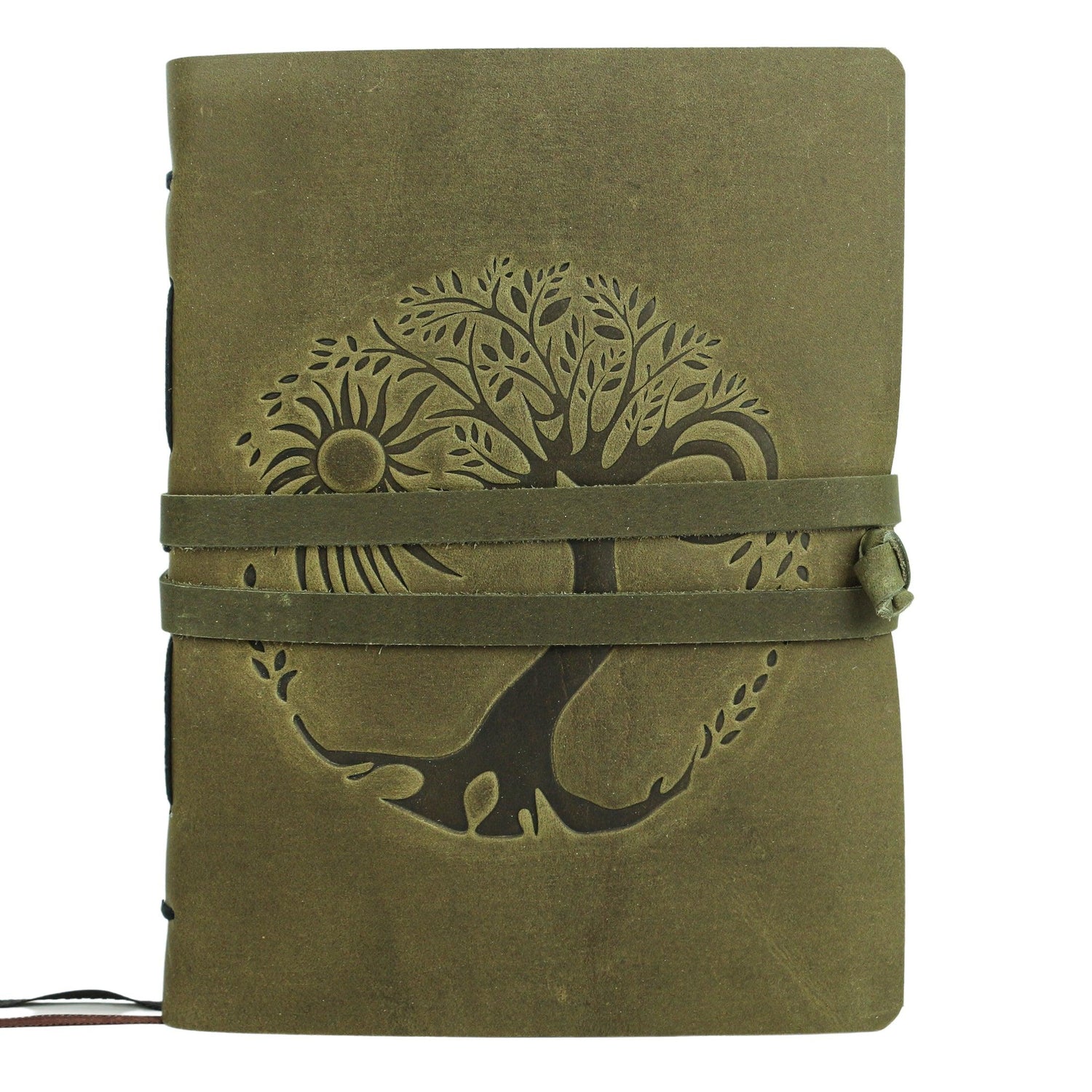 Leather Journal for women and men embossed 8 x 6 inch Handmade Lined craft paper tree of life sun and moon notebook