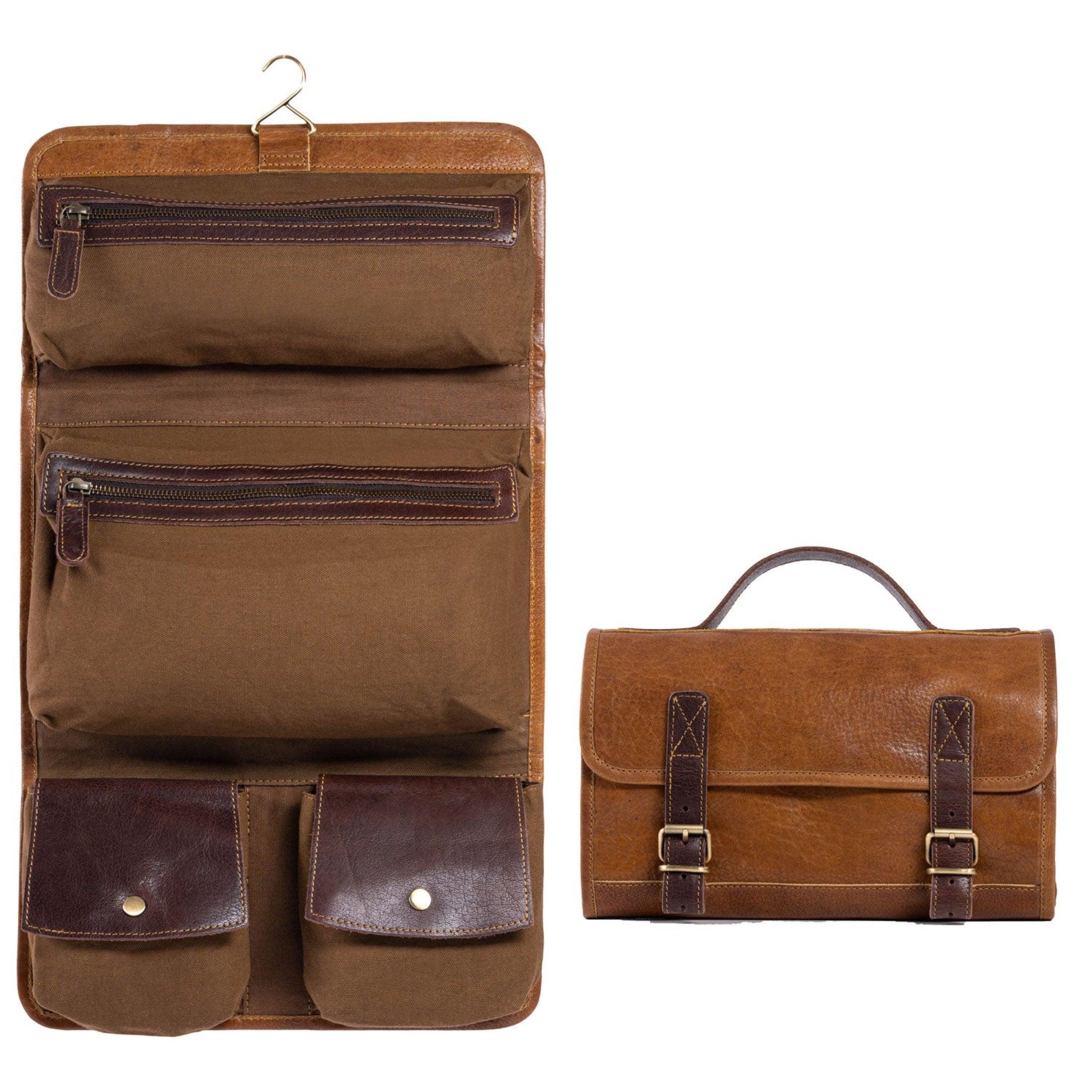 hanging toiletry bag travel Genuine Buffalo Leather Hanging Toiletry Bag – Travel Dopp Kit for Men & Women Yellow Tan