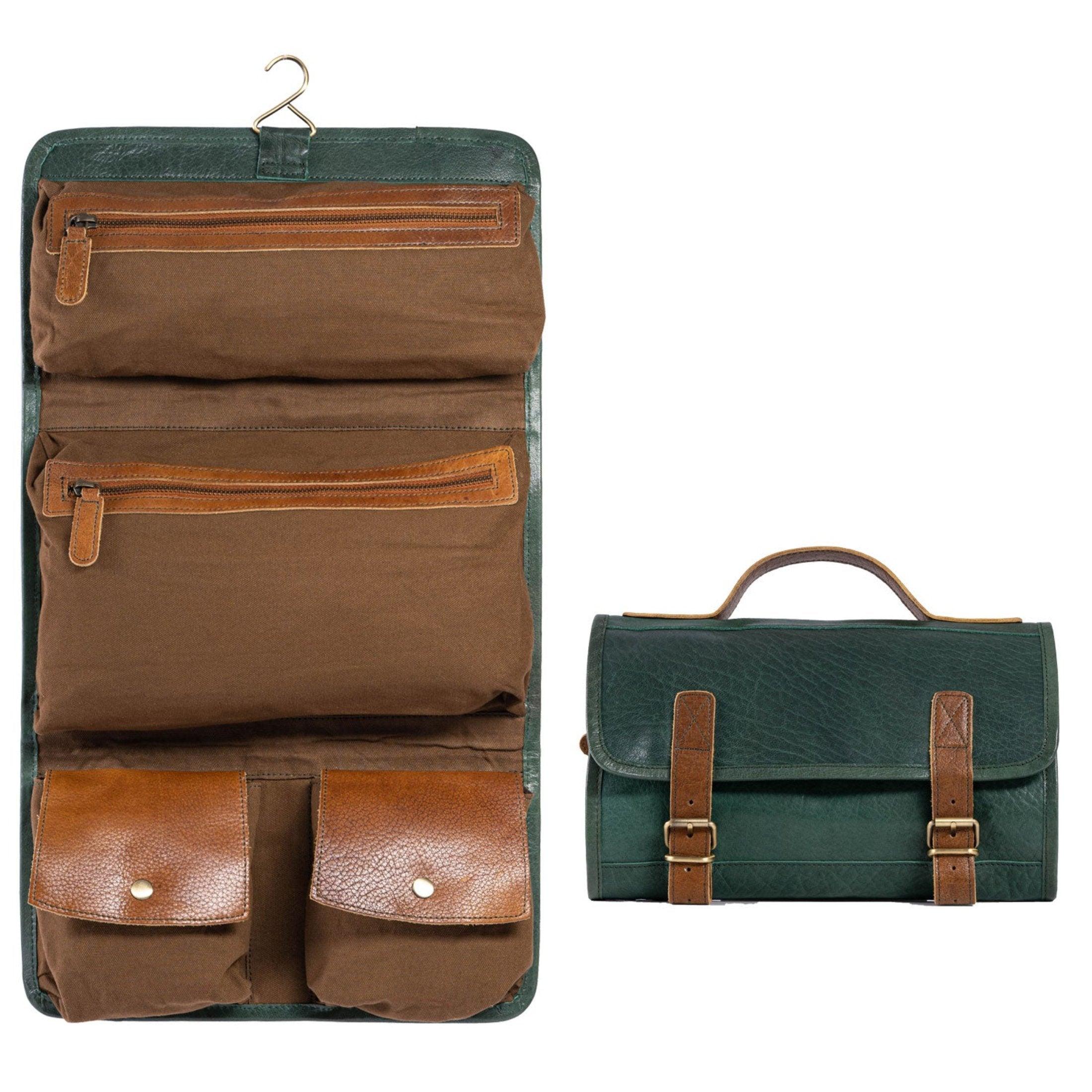 hanging mens travel toiletry bag Genuine Buffalo Leather Hanging Toiletry Bag – Travel Dopp Kit for Men & Women (Green)