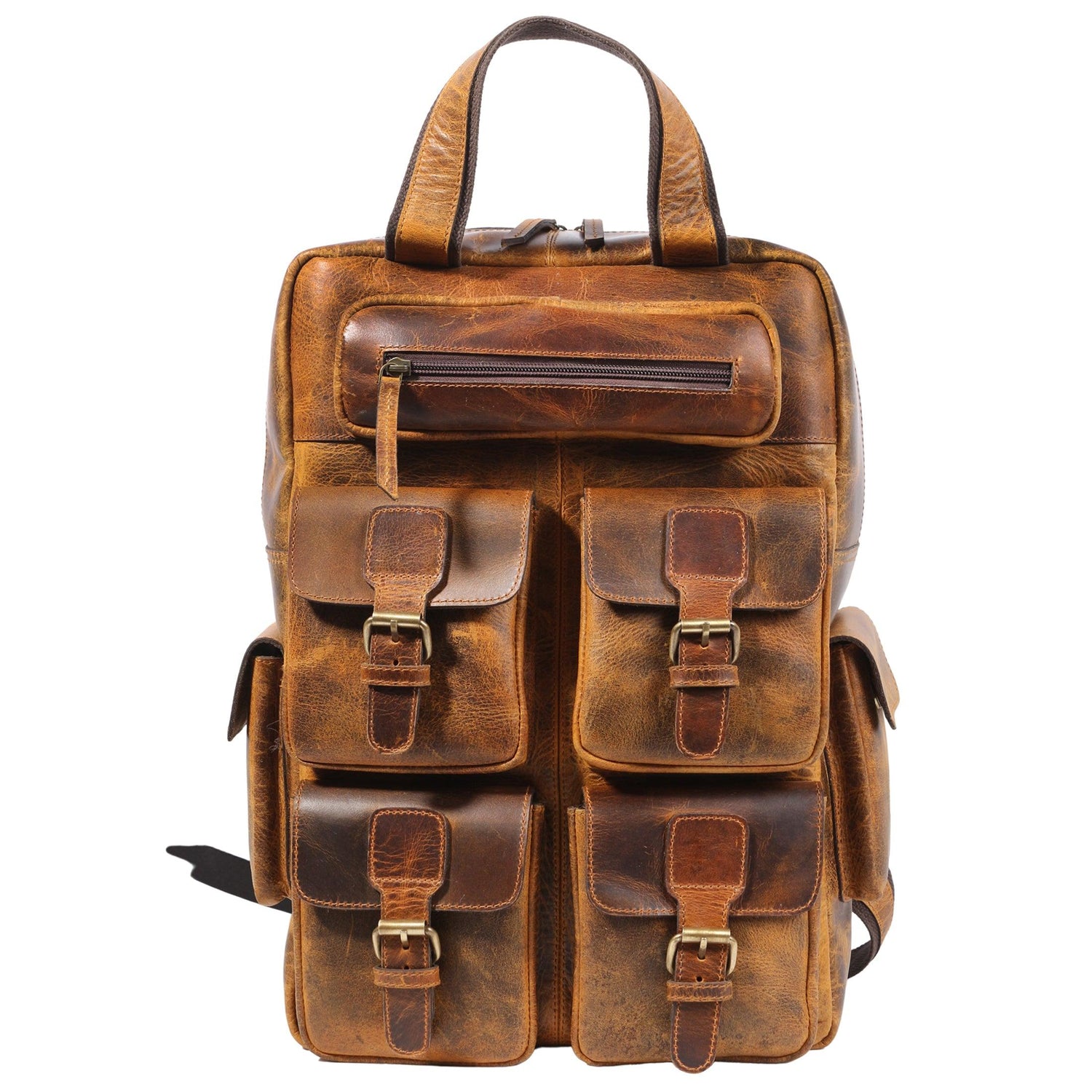 Multi-pocket leather backpack for men and women
