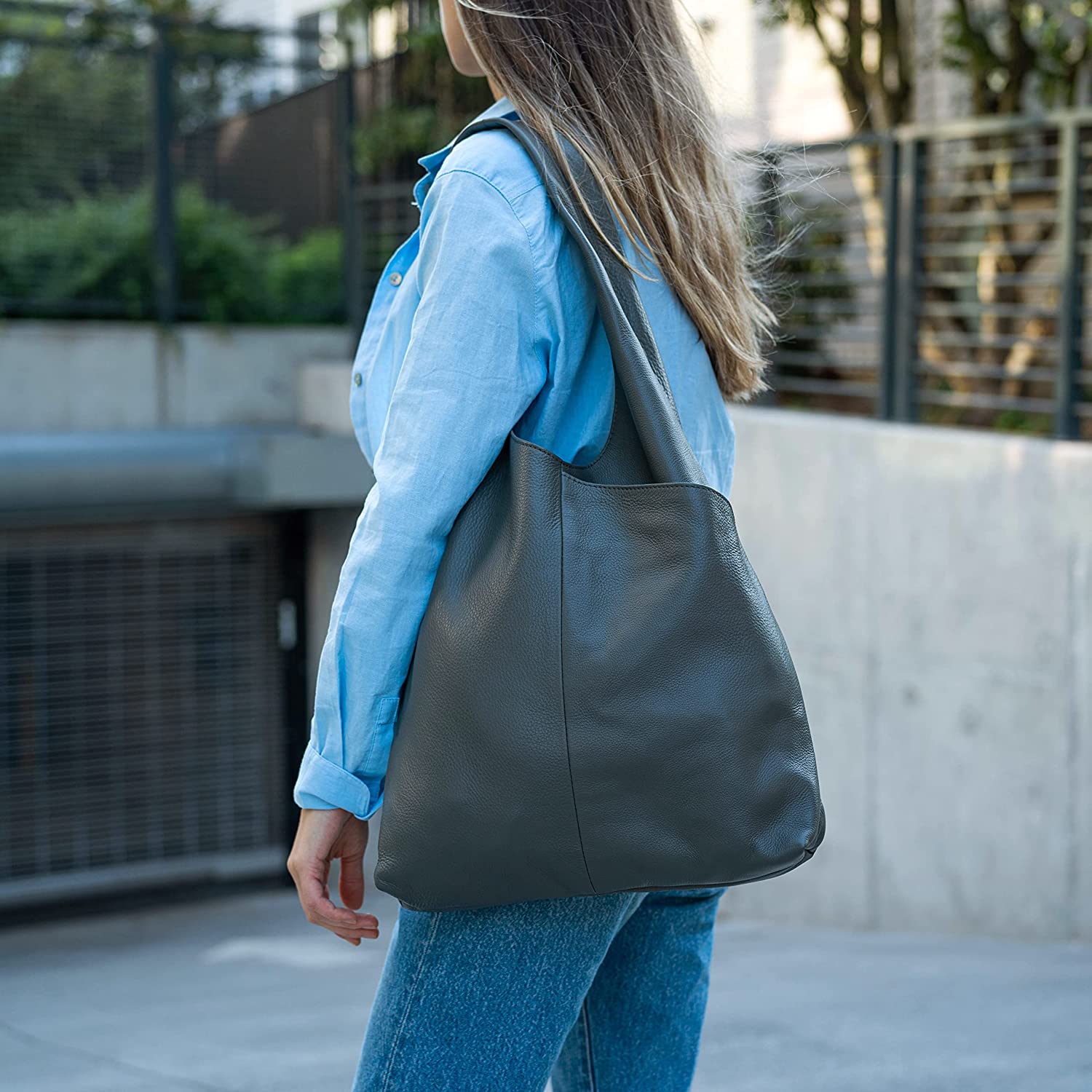 hobo tote bag for traveling Leather Women's Tote bag/Ladies Purse/Travel Shopping Bag Hobo Carry Shoulder Bag Multipurpose Handbag (Grey)