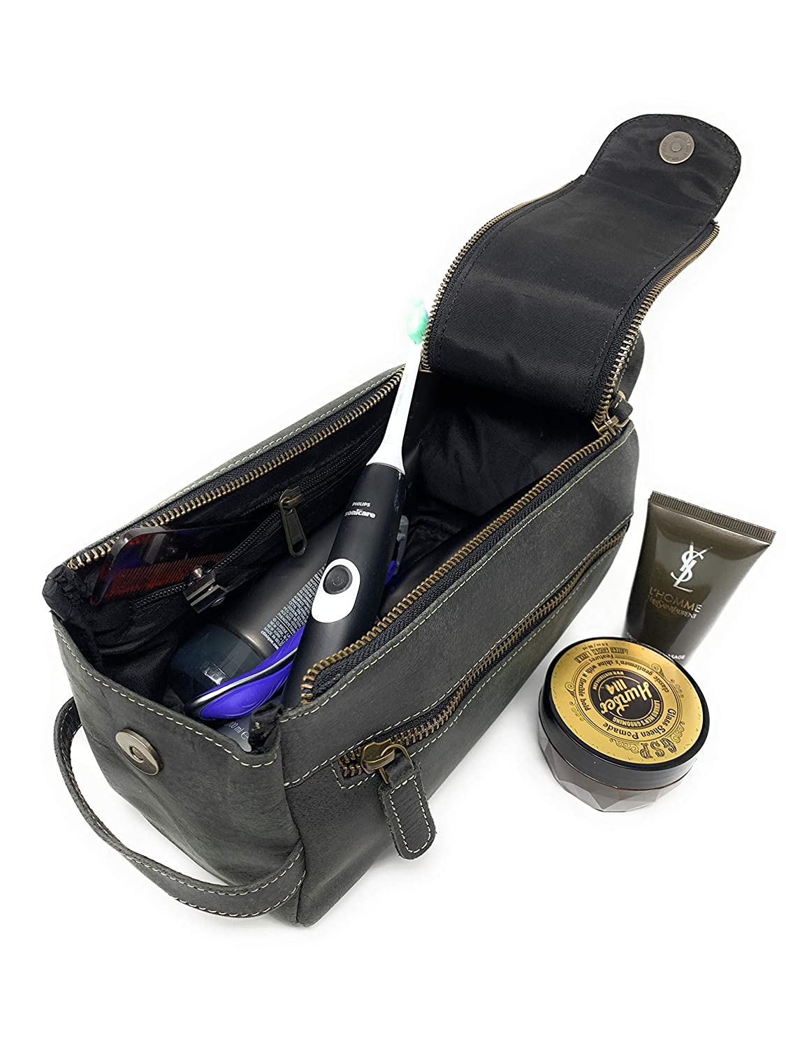 Genuine Buffalo Leather Unisex Toiletry Bag Travel Dopp Kit (Charcoal