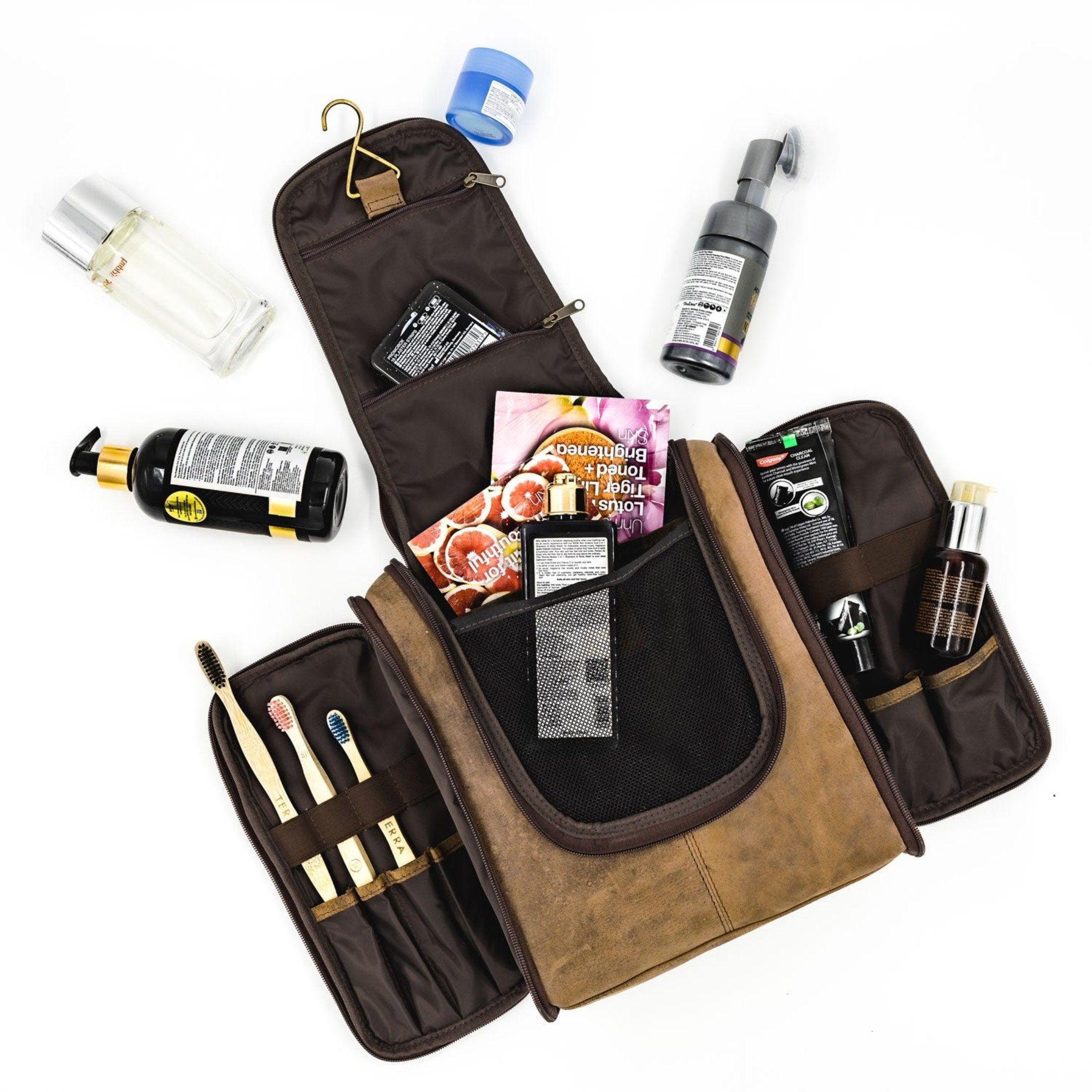 Genuine Leather Toiletry Bag for Men & Women – Travel Dopp Kit with Compartments & Hanging Hook Genuine Leather Toiletry Bag for Men & Women – Travel Dopp Kit with Compartments & Hanging Hook