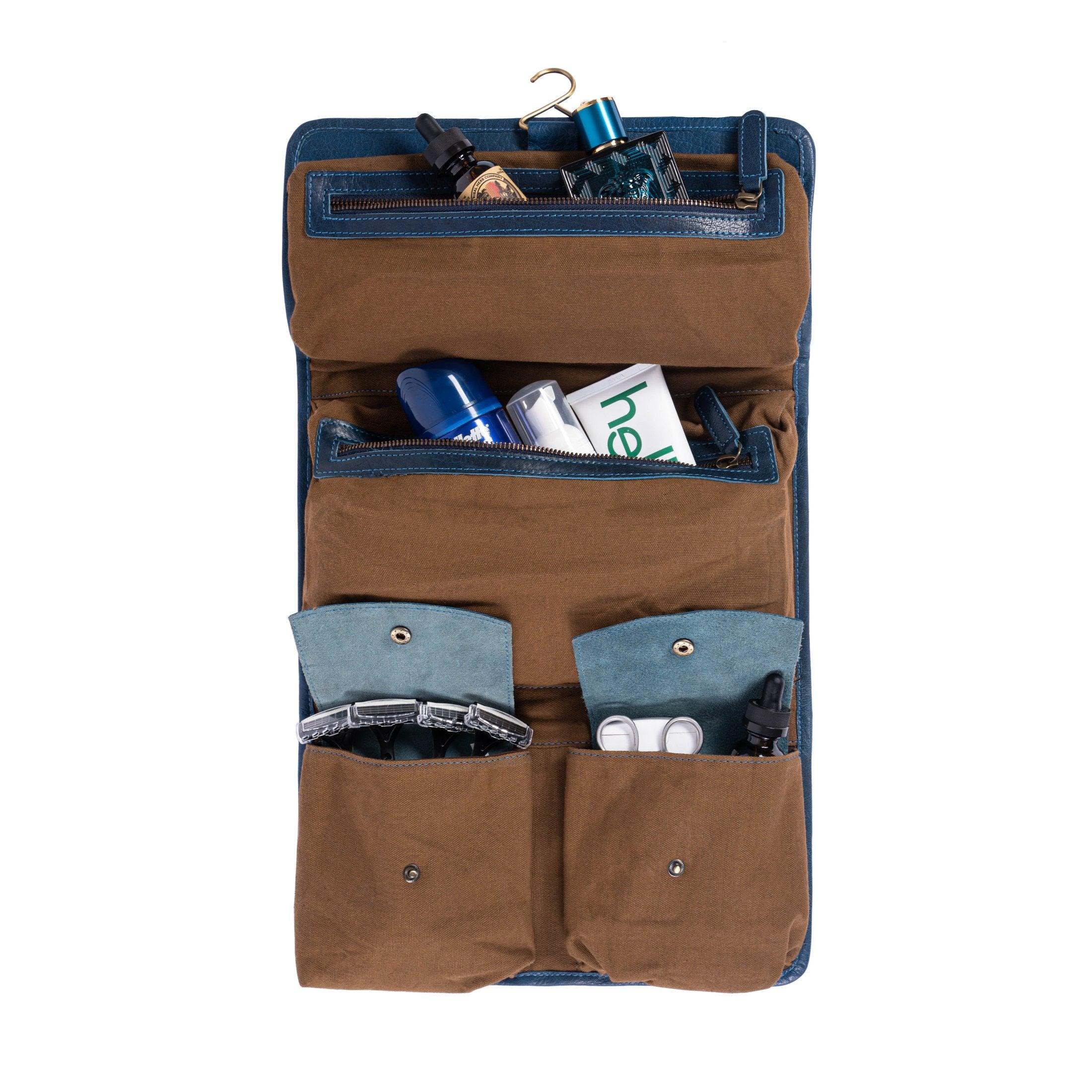 Spacious Unisex Buffalo Leather Hanging Toiletry Bag with multiple pockets