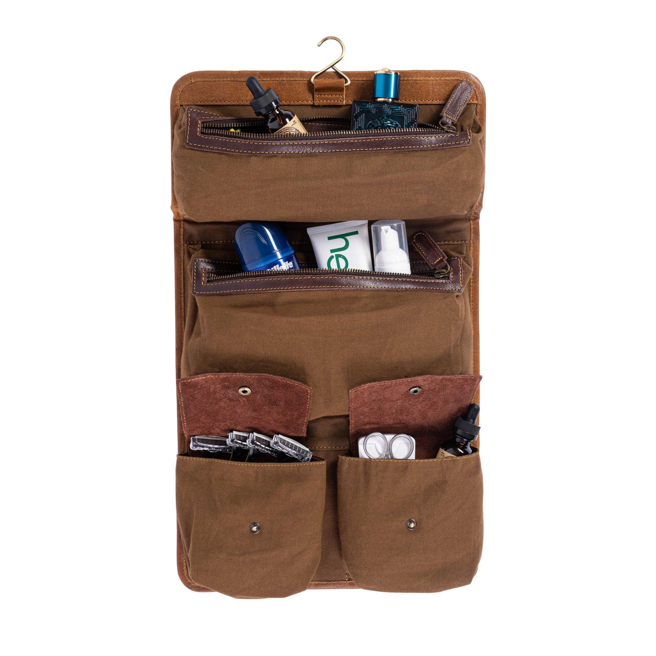 Spacious Buffalo Leather Hanging Toiletry Bag with multiple pockets