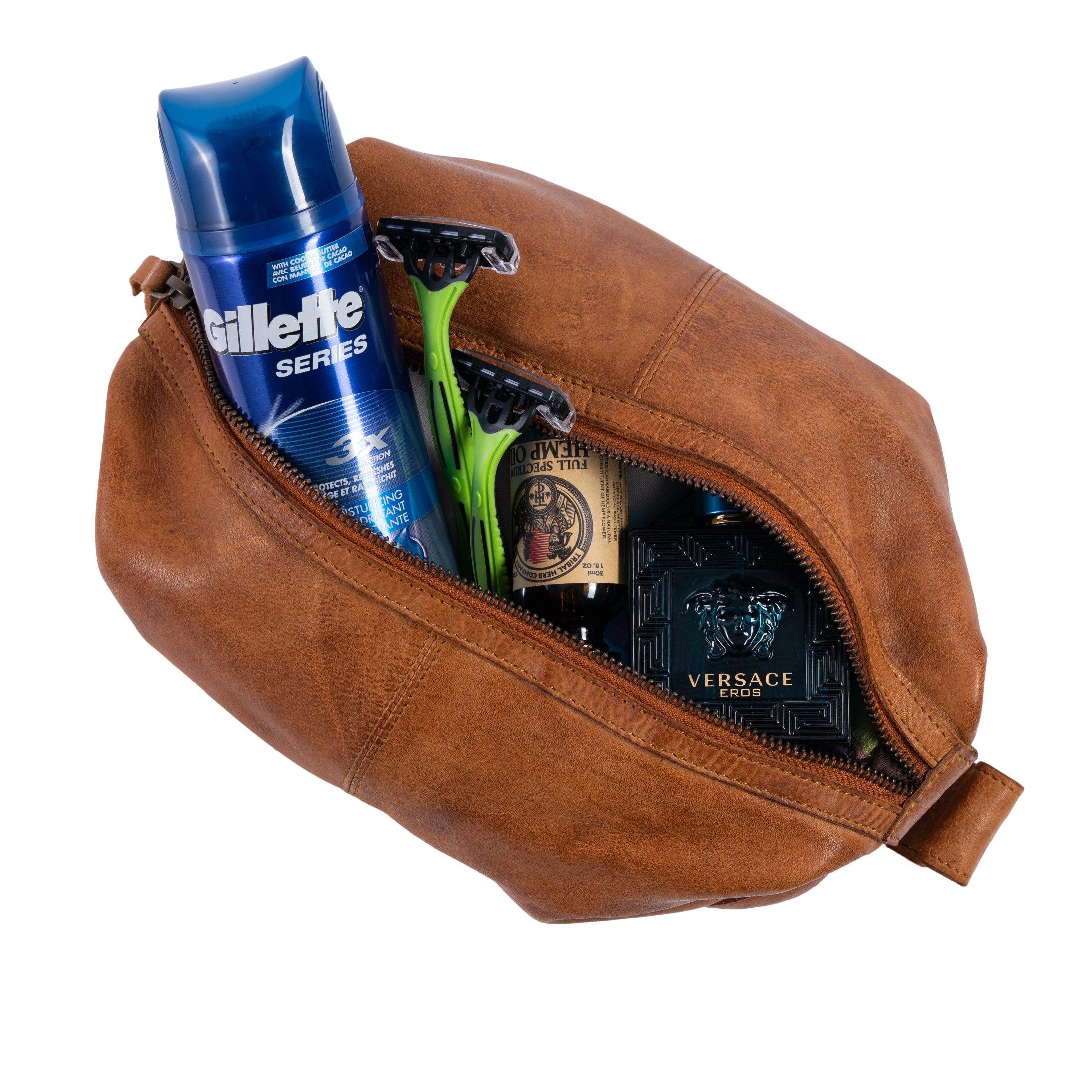 leather travel toiletry bag with grooming essentials
