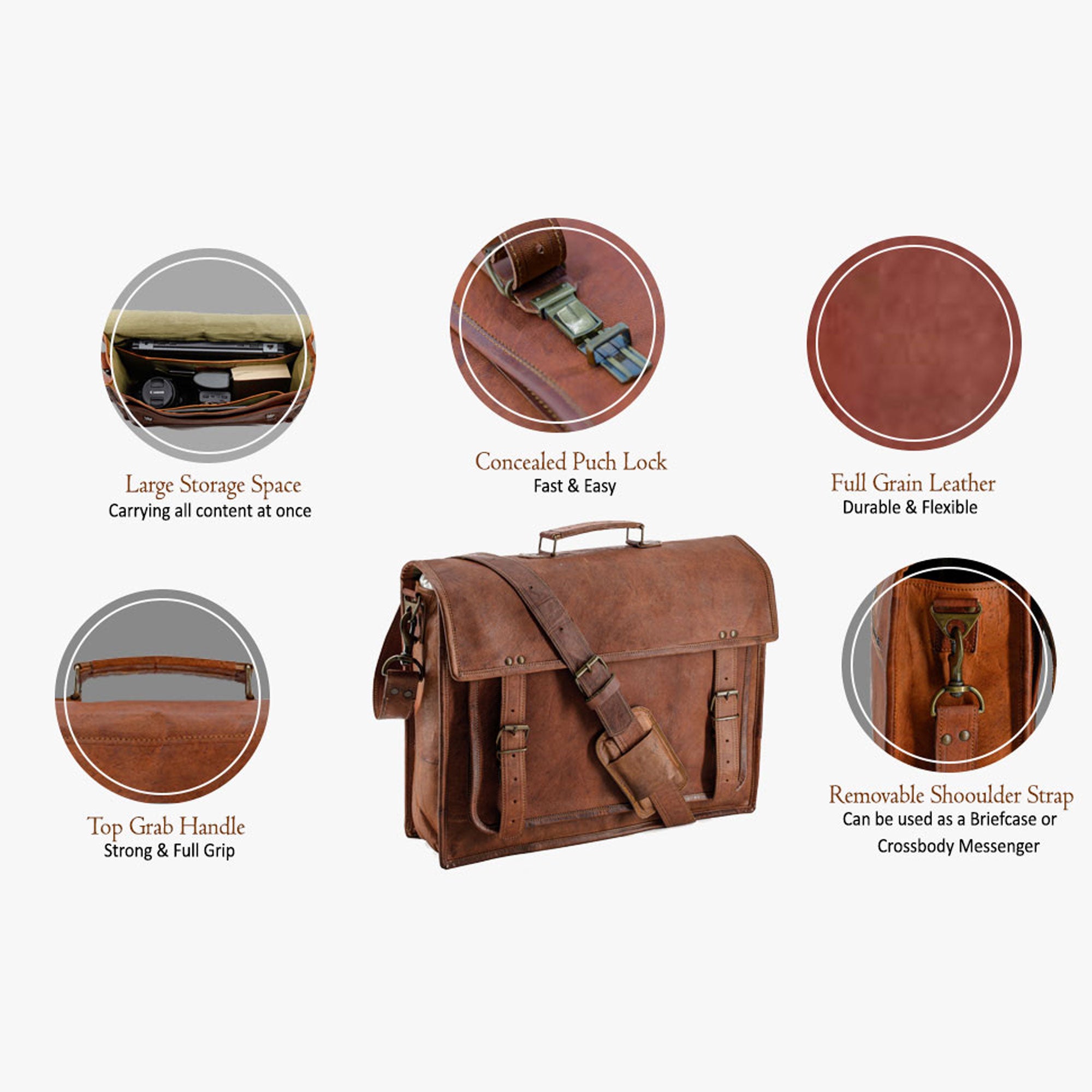 Leather 16 Inch Vintage Handmade Leather Messenger Bag for Laptop Brie