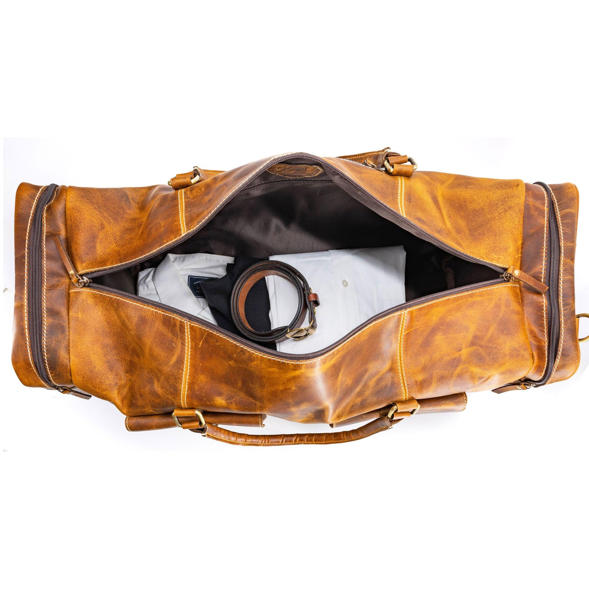 Spacious vintage buffalo leather duffel bag for men and women