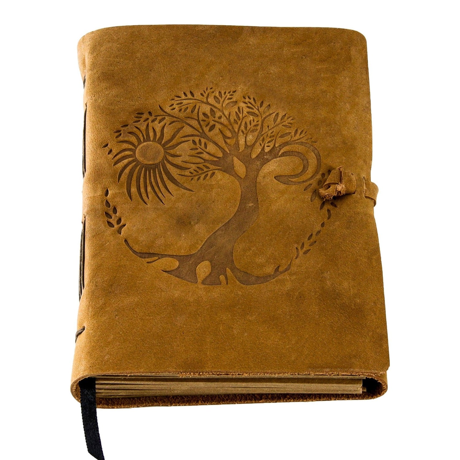 Leather Journal for women and men embossed 8 x 6 inch Handmade Lined craft paper tree of life sun and moon notebook